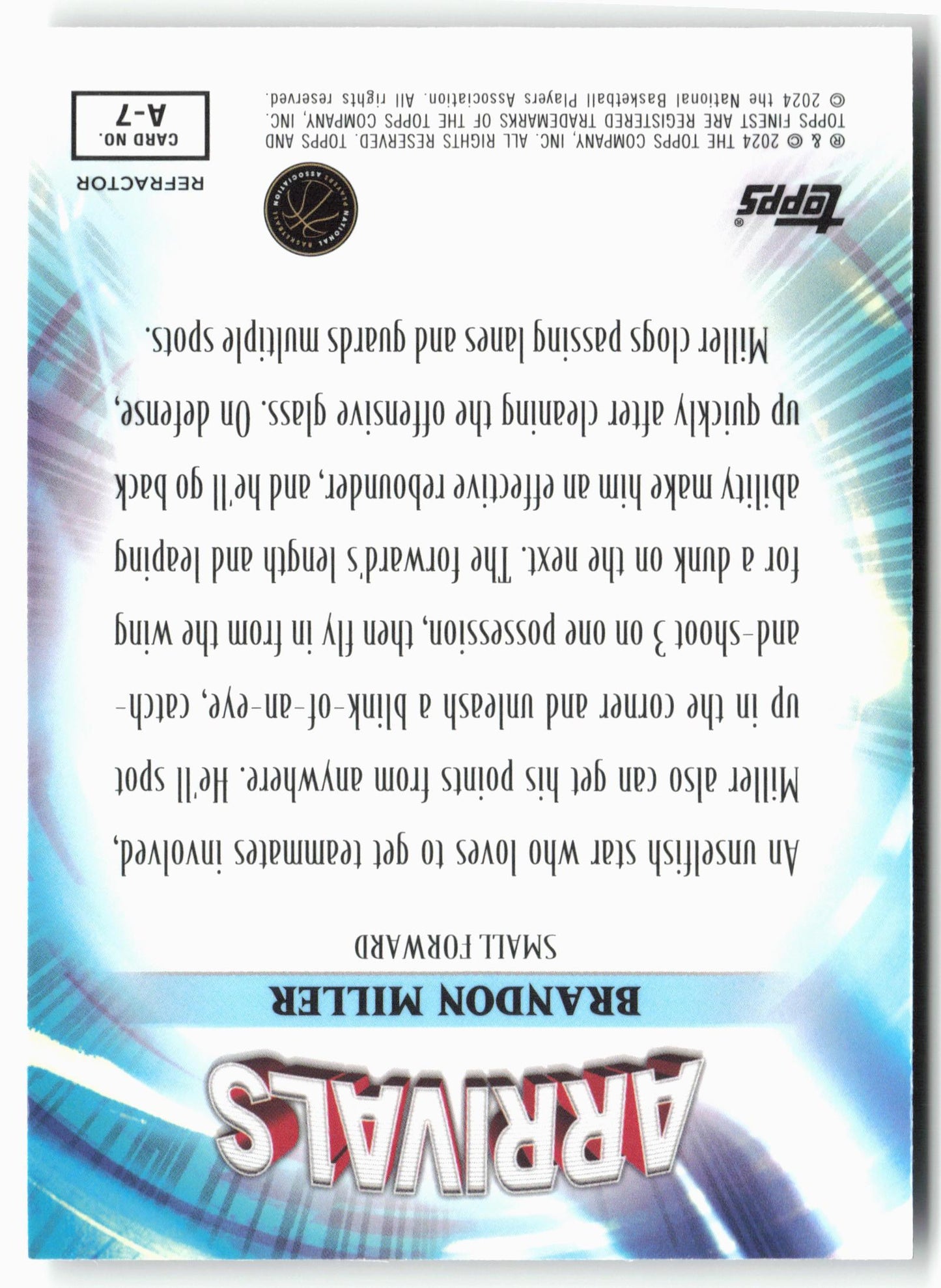 2023-24 Finest #A-7 Brandon Miller Arrivals Refractor