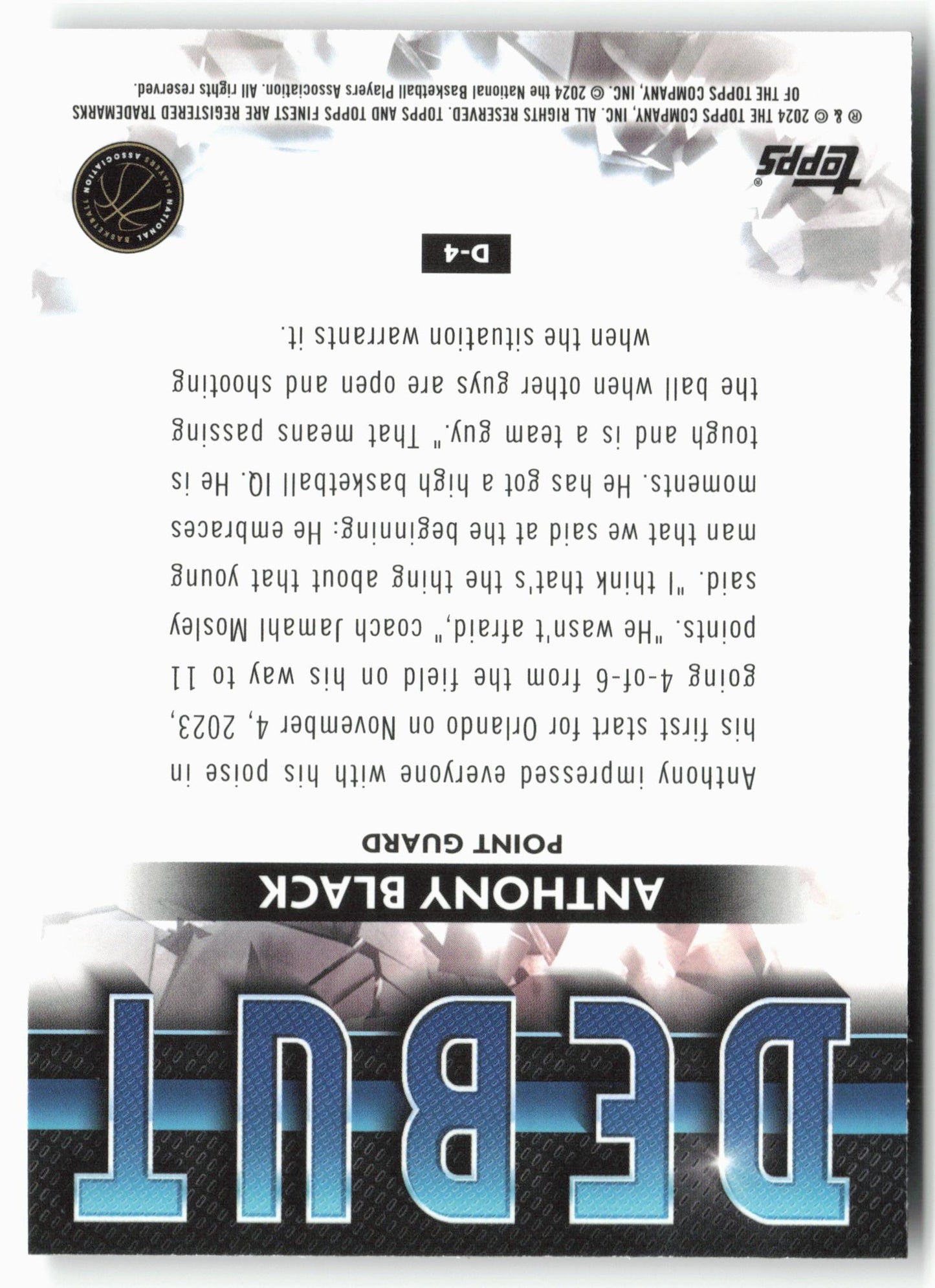 2023-24 Finest #D-4 Anthony Black Debut