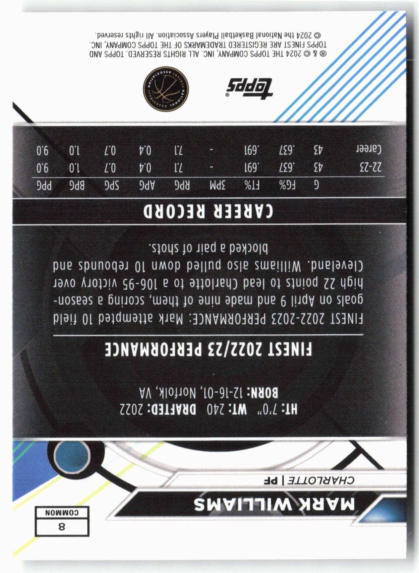 2023-24 Finest #8 Mark Williams Checkerboard Refractors