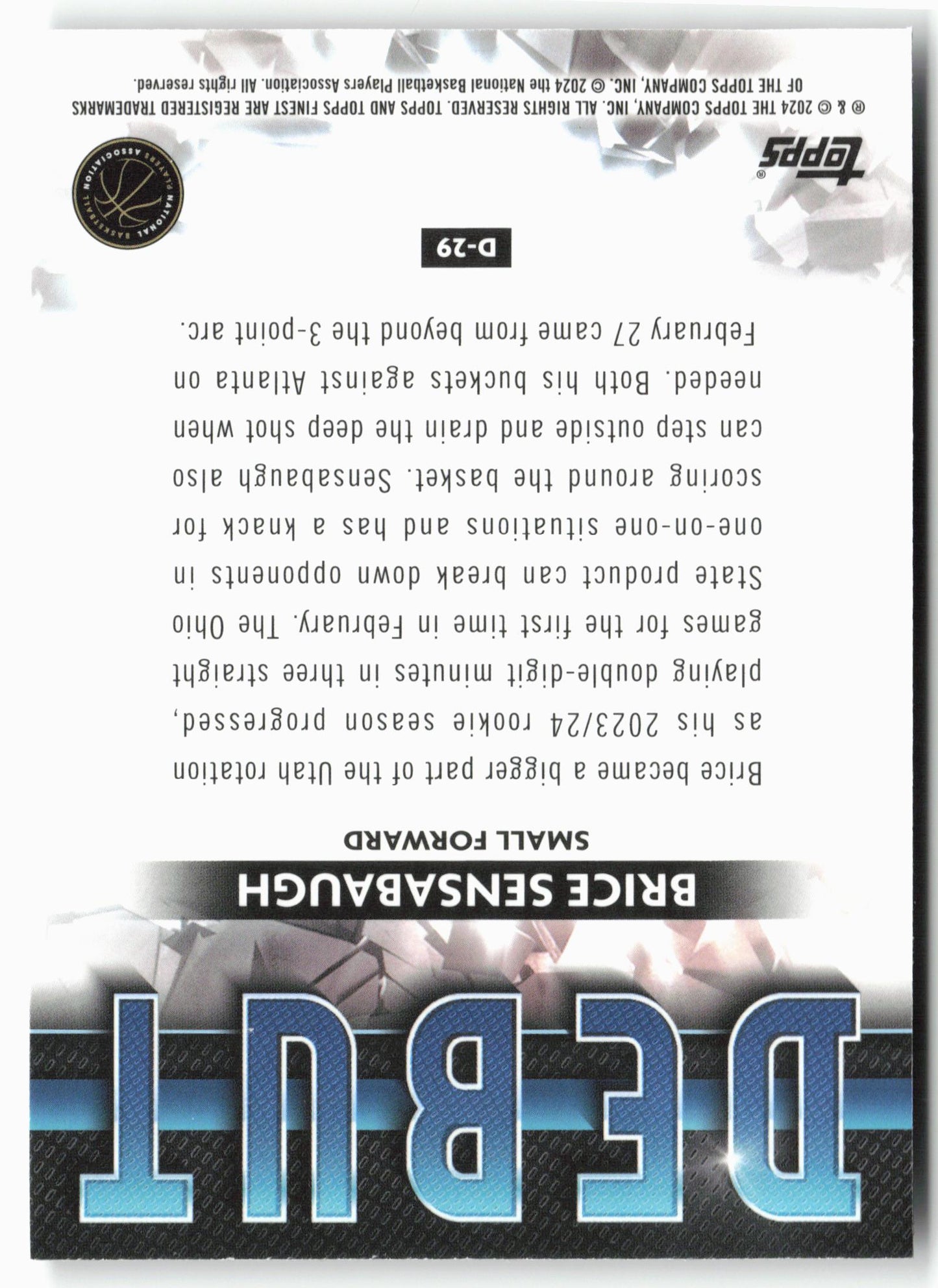 2023-24 Finest #D-29 Brice Sensabaugh Debut Checkerboard