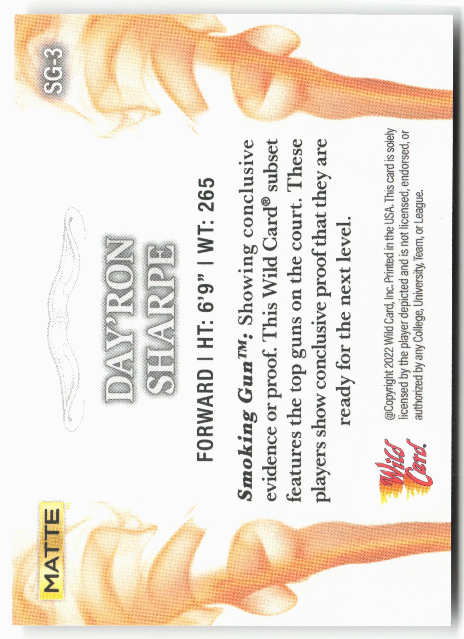 2022 Wild Card Matte #SG-3 Day'ron Sharpe Smoking Guns White/Orange