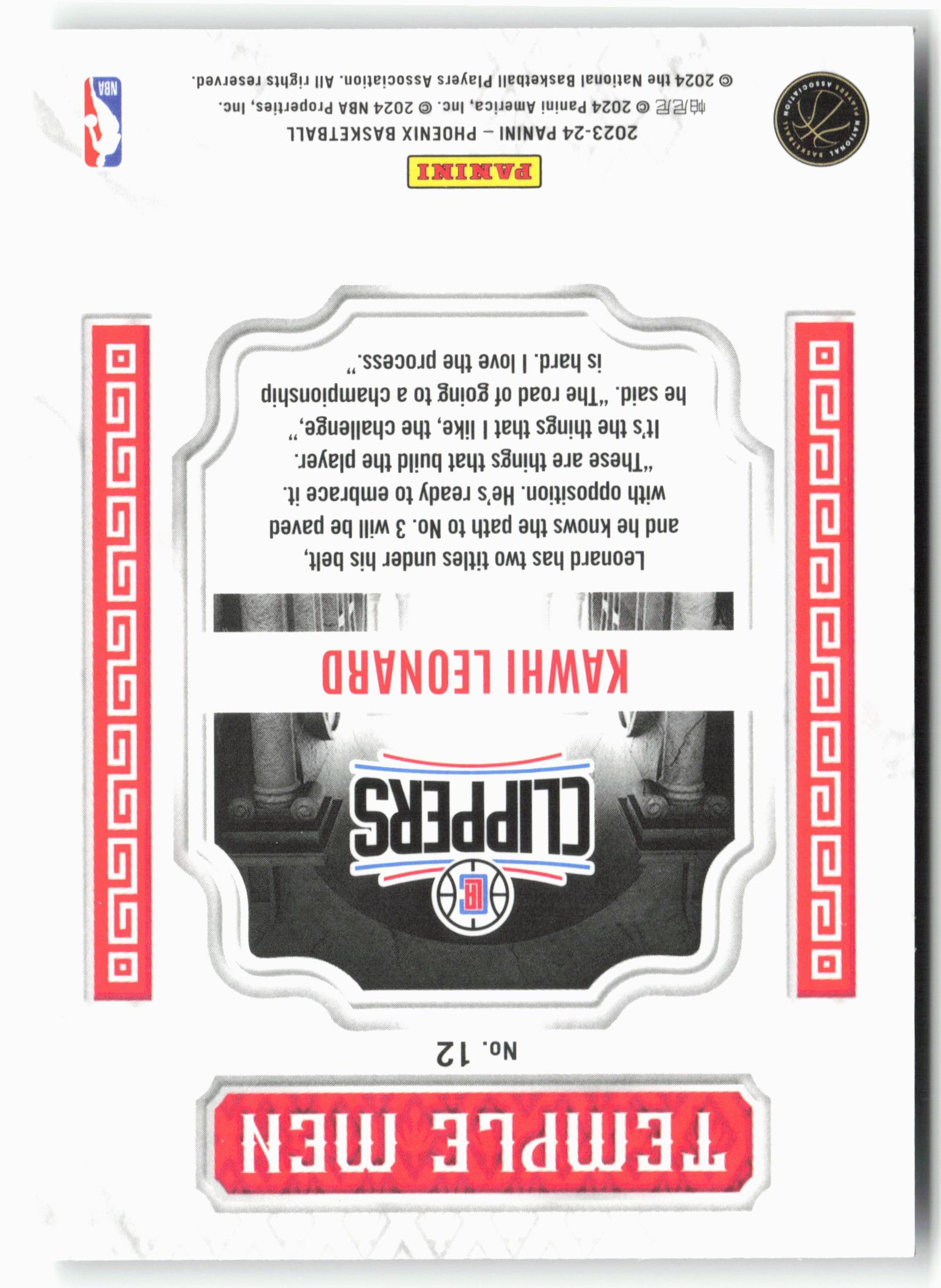 2023-24 Panini Phoenix #12 Kawhi Leonard Temple Men