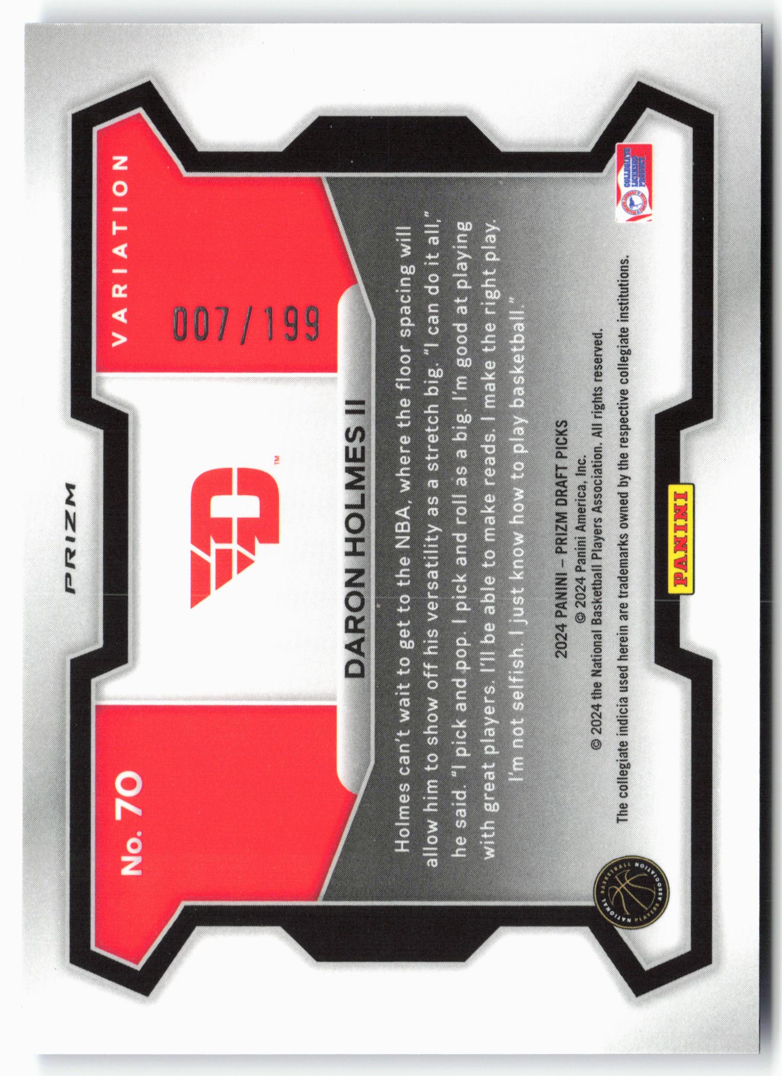 2024 Panini Prizm Draft Picks #70 DaRon Holmes II Prizms Blue #/199