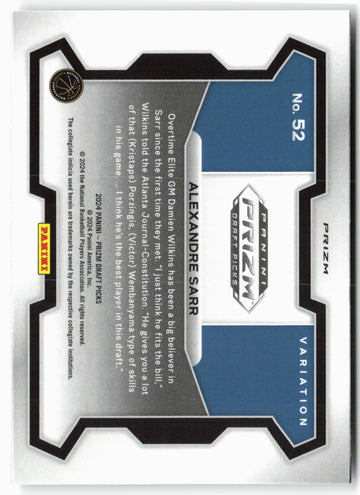 
2024 Panini Prizm Draft Picks #52b Alexandre Sarr Prizms Silver