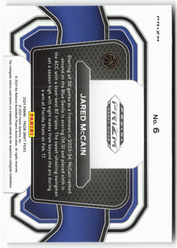 
2024 Panini Prizm Draft Picks #6 Jared McCain Campus Legends Prizms Red Wave