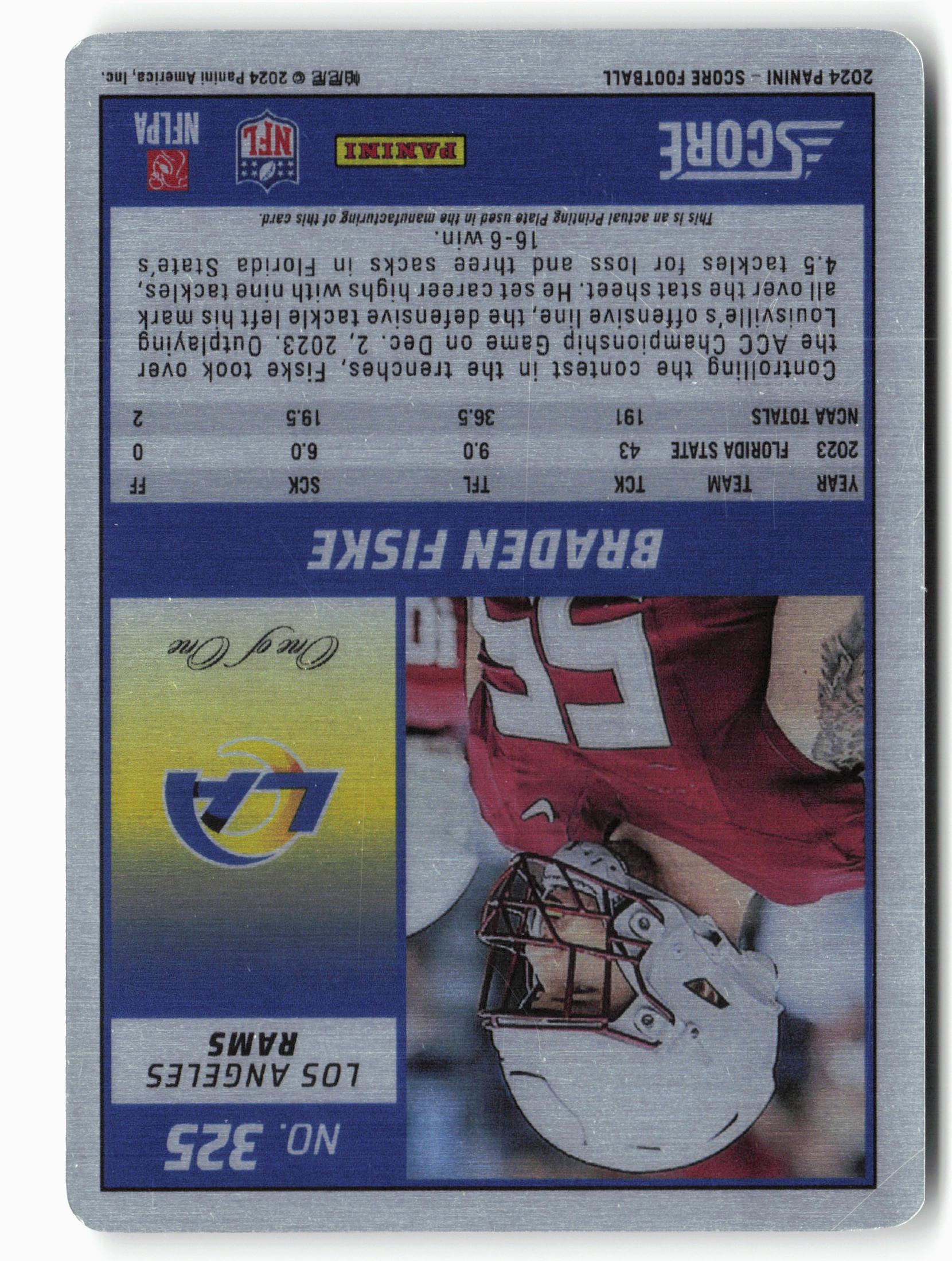 2024 Score #325 Braden Fiske Printer Plate 1/1