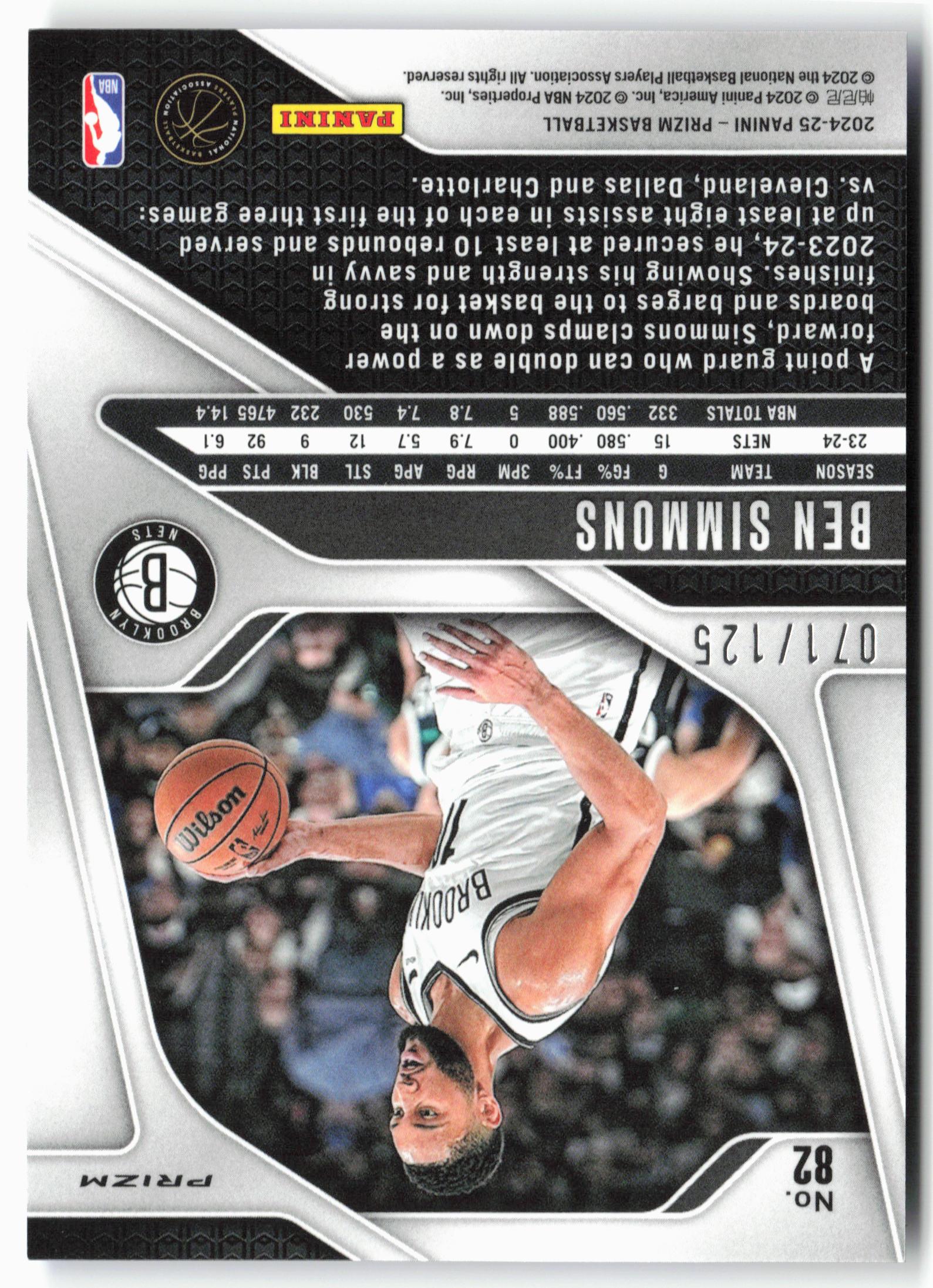 2024-25 Panini Prizm - Prizms Blue Ice #82 Ben Simmons #/125