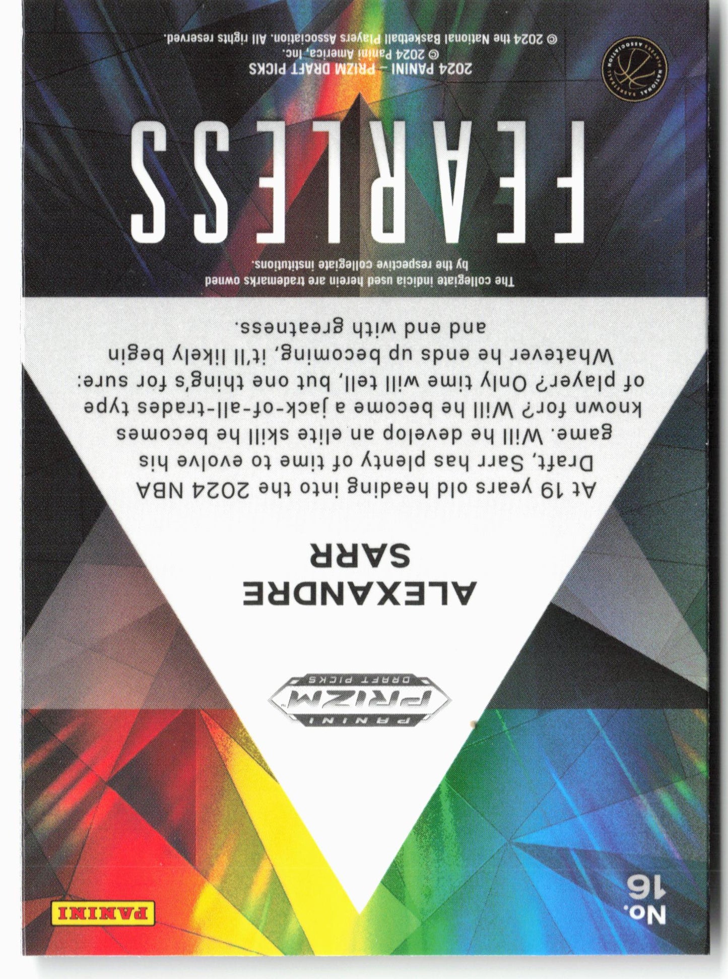 2024 Panini Prizm Draft Picks #16 Alexandre Sarr Fearless