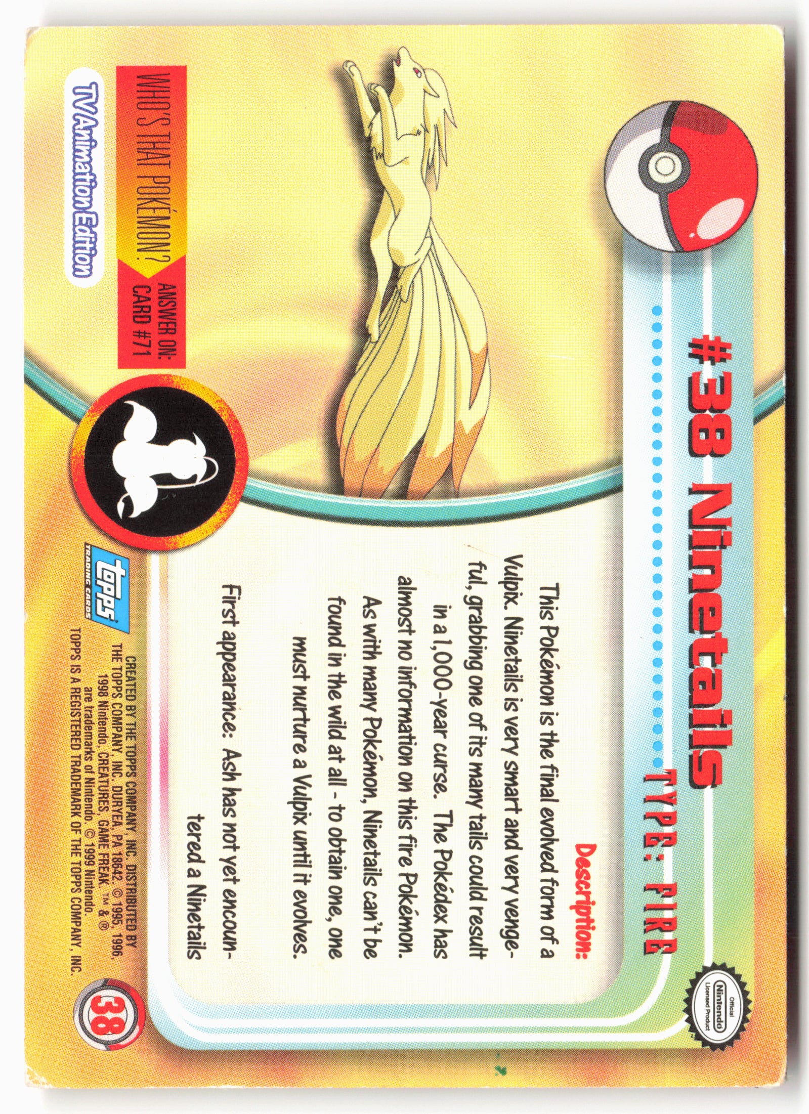 Topps #38 Ninetails Pokémon - Non-Holo - clypb