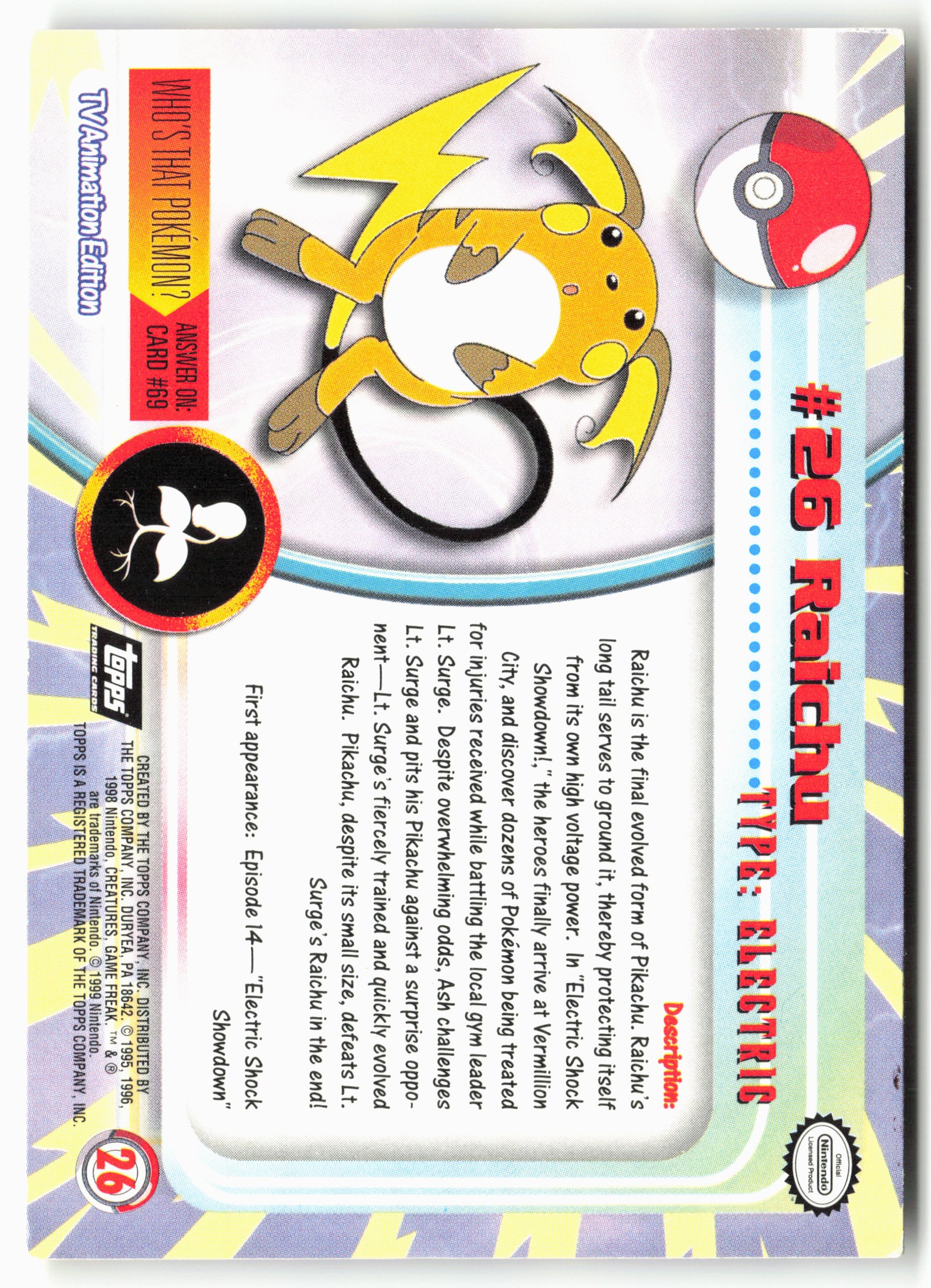 Topps #26 Raichu Pokémon - Non-Holo - clypc