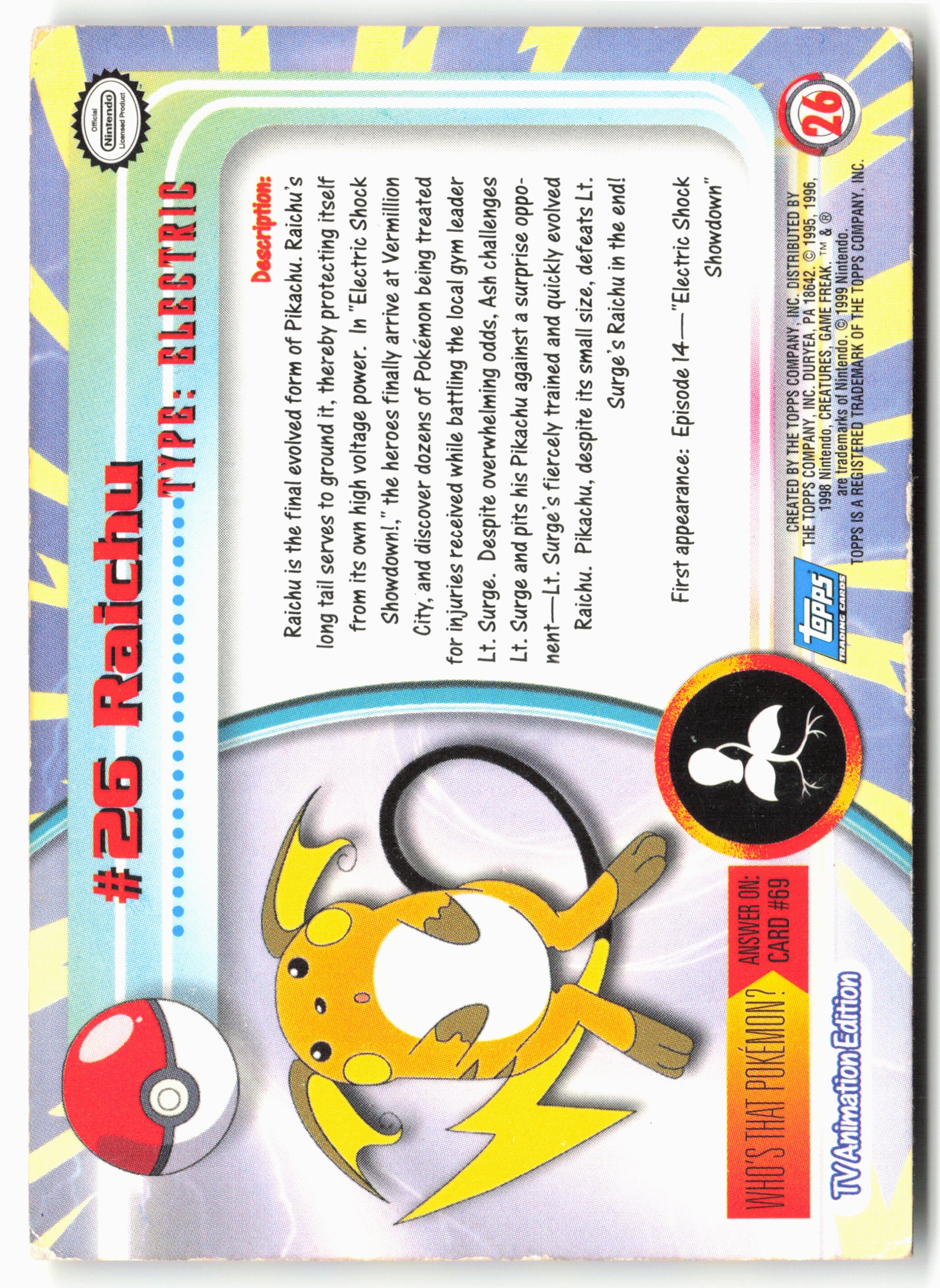Topps #26 Raichu Pokémon - Non-Holo - clypi