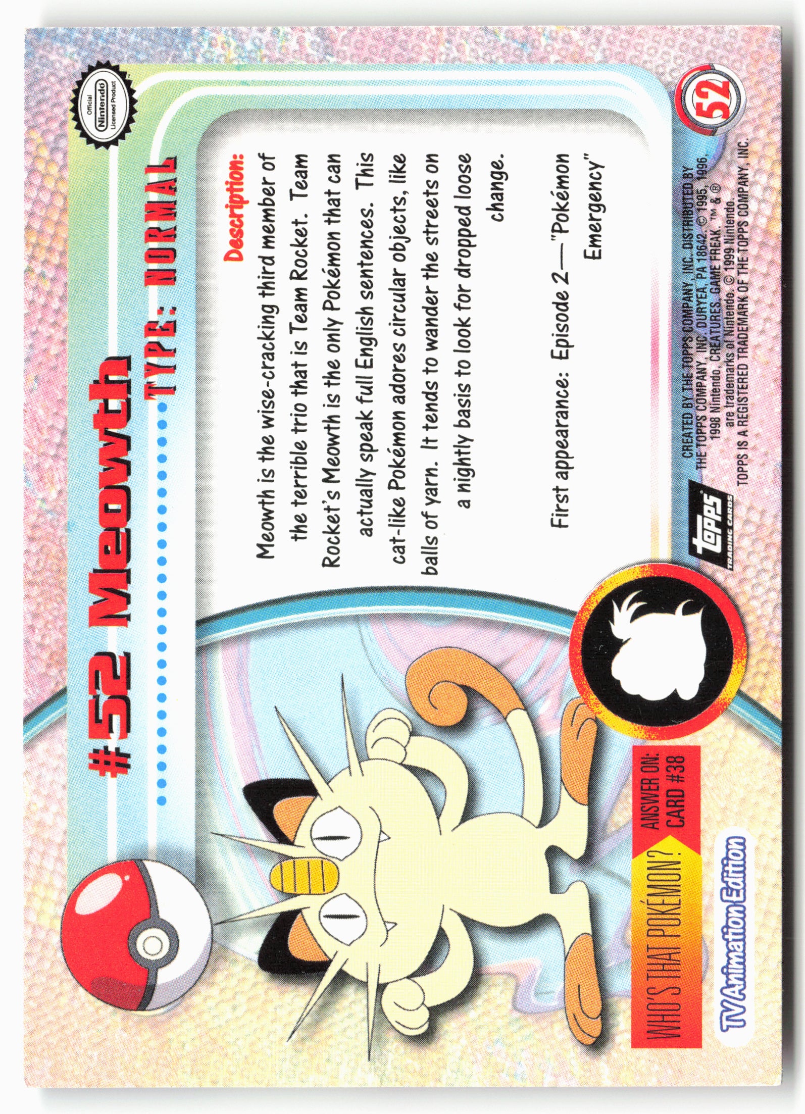 Topps #52 Meowth Pokémon - Non-Holo - clypm