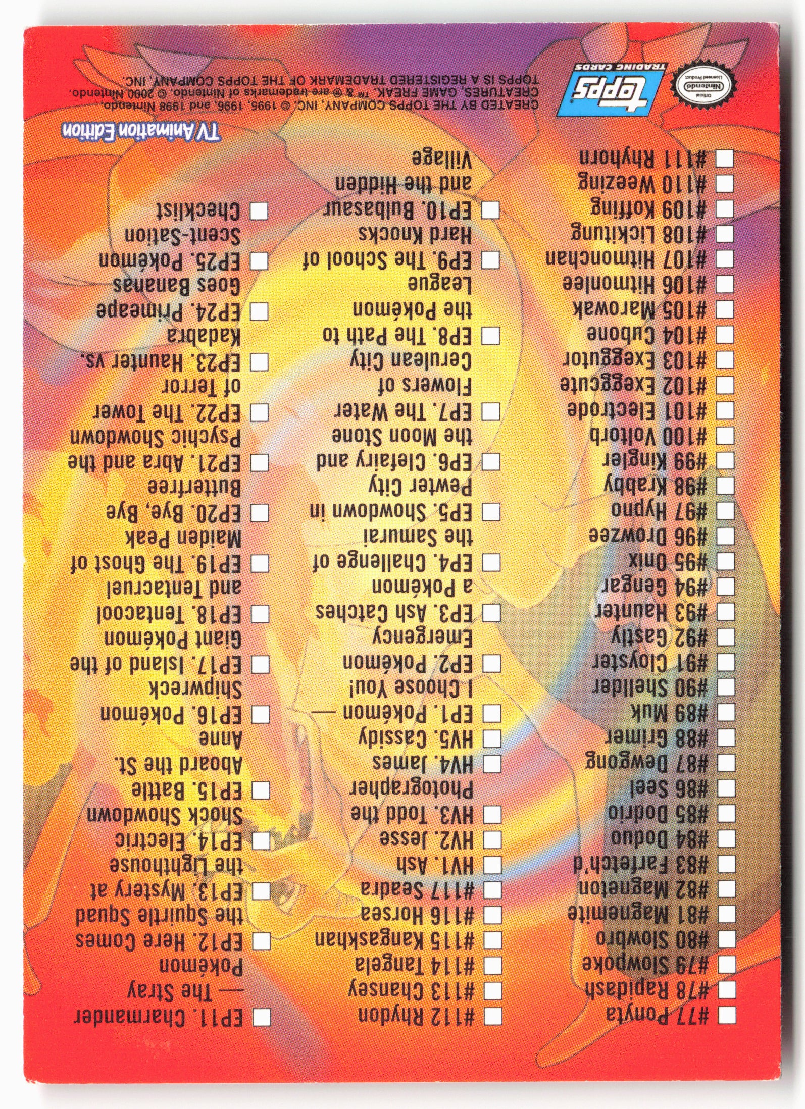 Topps 2000 Pokemon TV Animation Edition Series 2 Checklist Non-Holo 13680