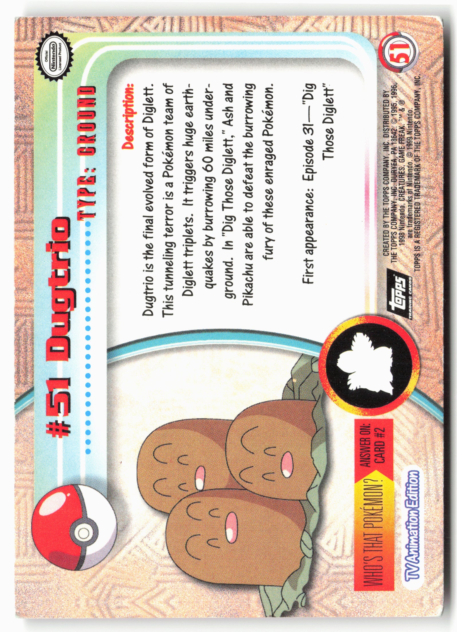 Topps #51 Dugtrio Pokémon - Non-Holo -