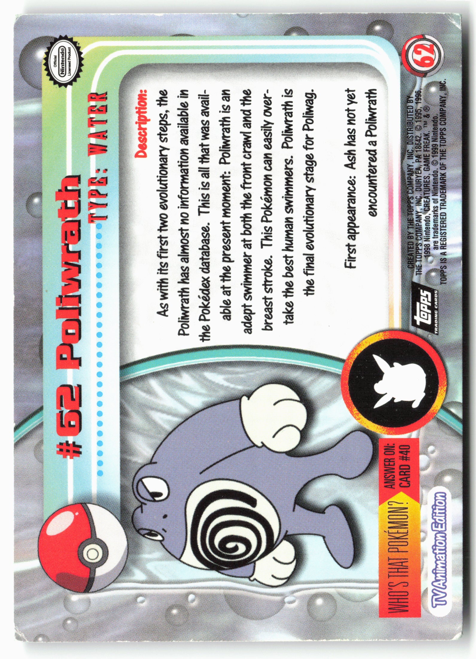 Topps #62 Poliwrath Pokémon - Non-Holo - 13704