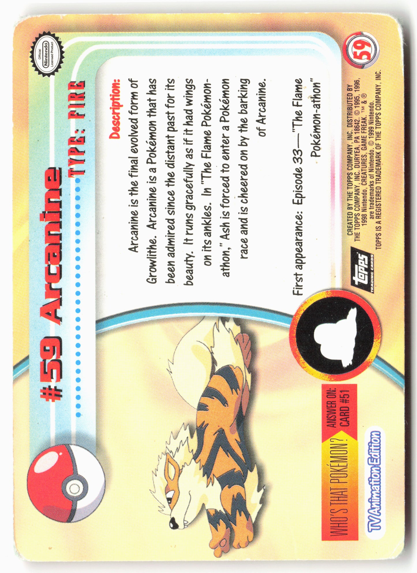 Topps #59 Arcanine Pokémon - Non-Holo - 13729