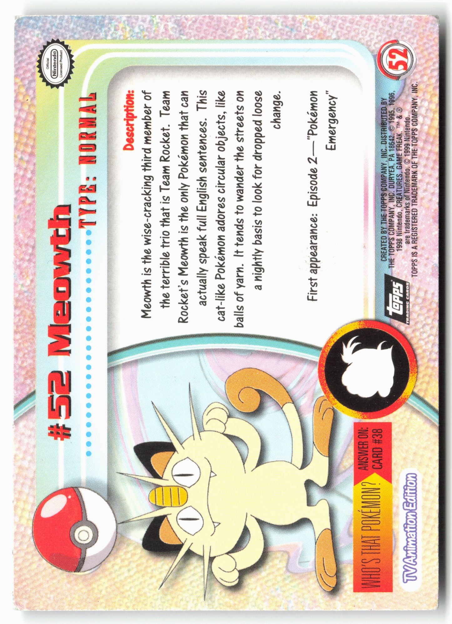 Topps #52 Meowth Pokémon - Holo - 13734