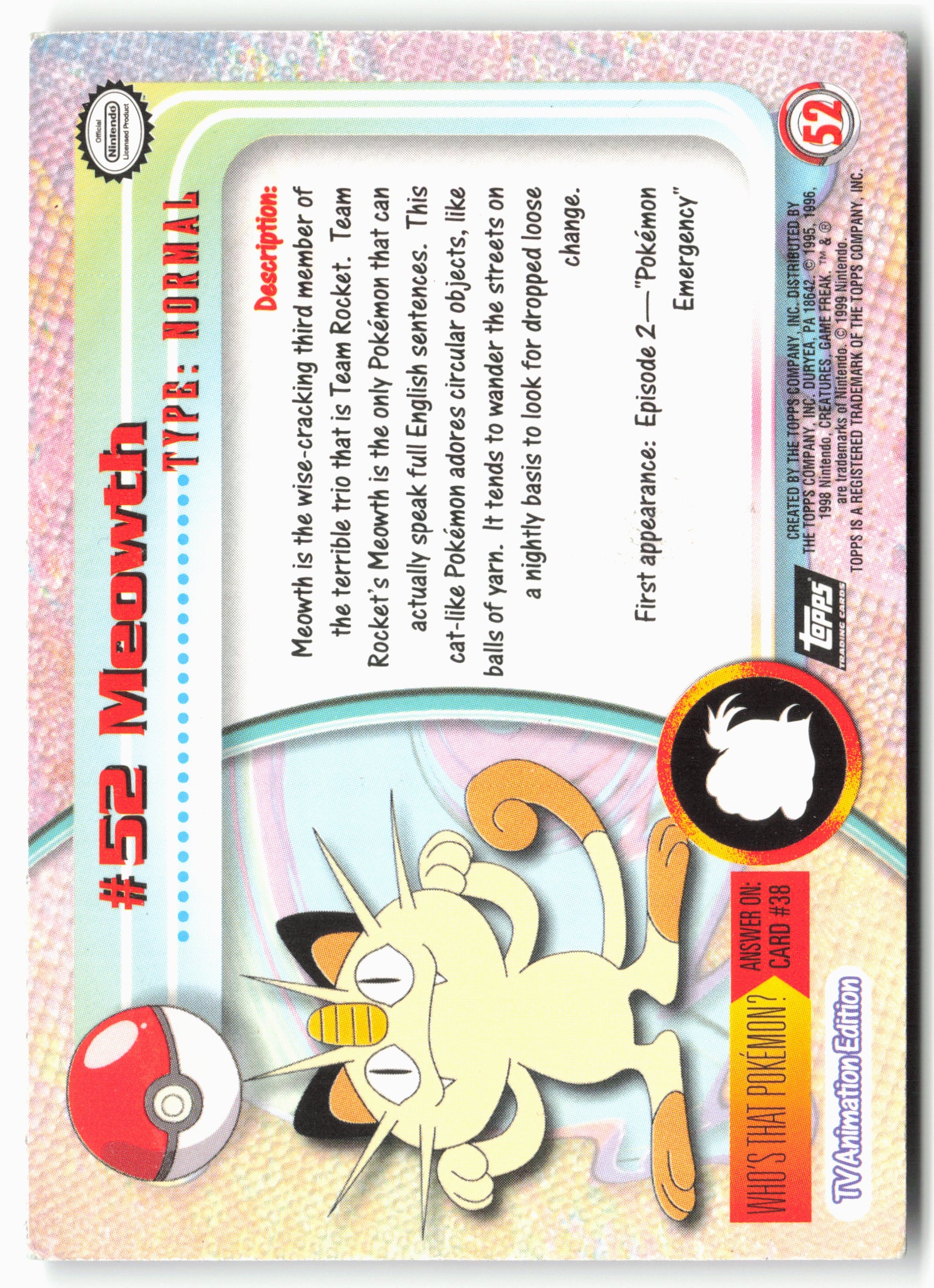 Topps #52 Meowth Pokémon - Holo - 13734