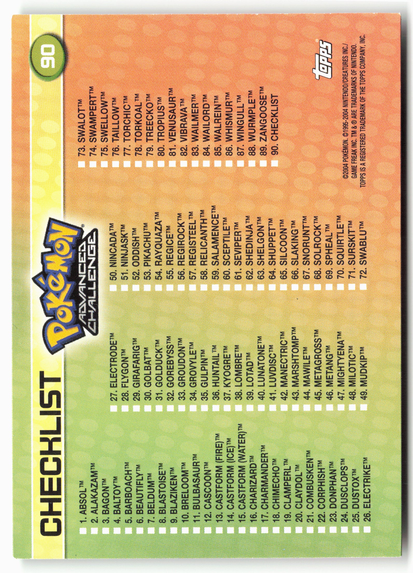 Topps #90 Pokemon Advanced Challenge Checklist Pokémon - Non-Holo - 13770