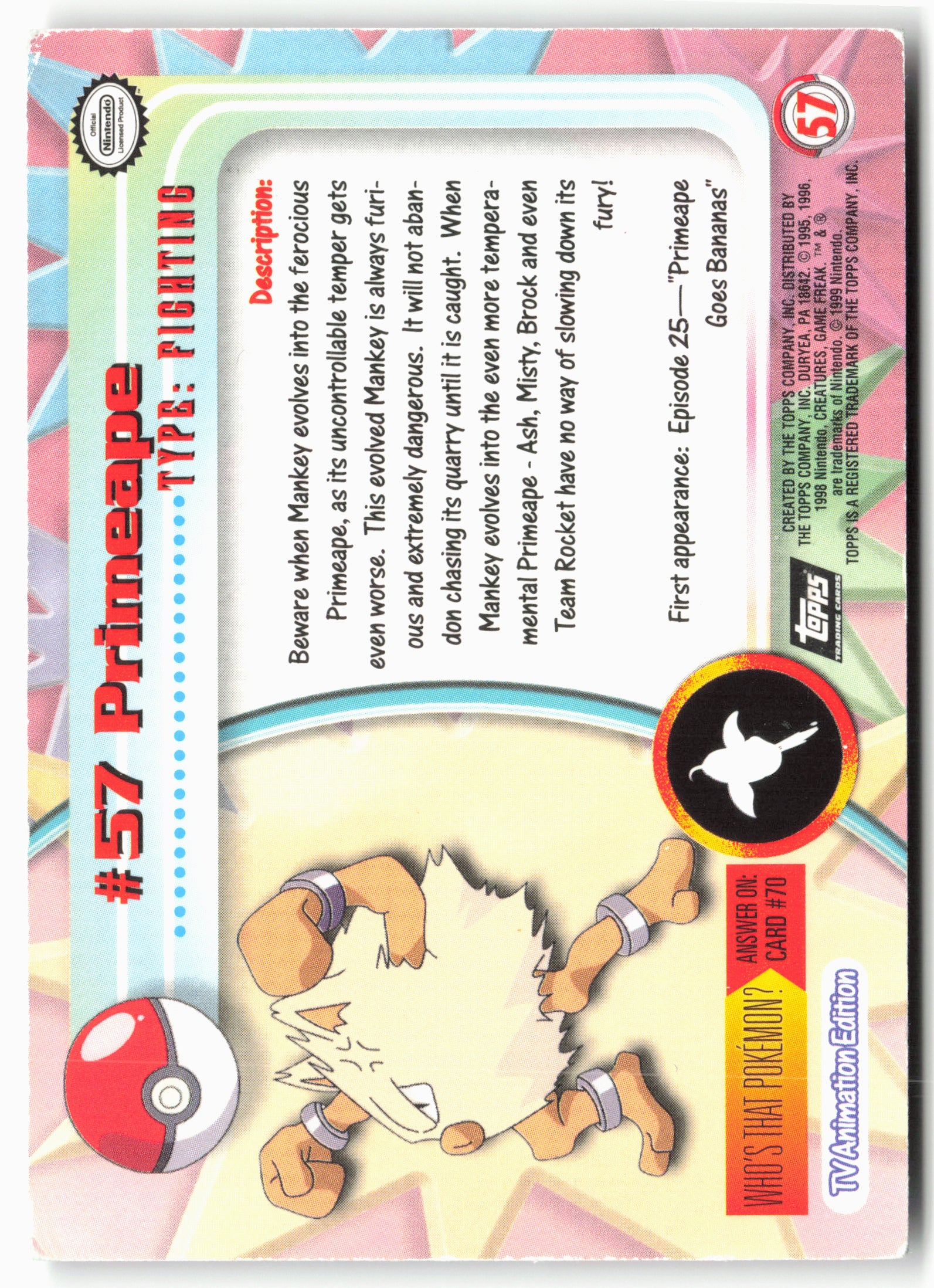 Topps #57 Primeape Pokémon - Holo - 13810