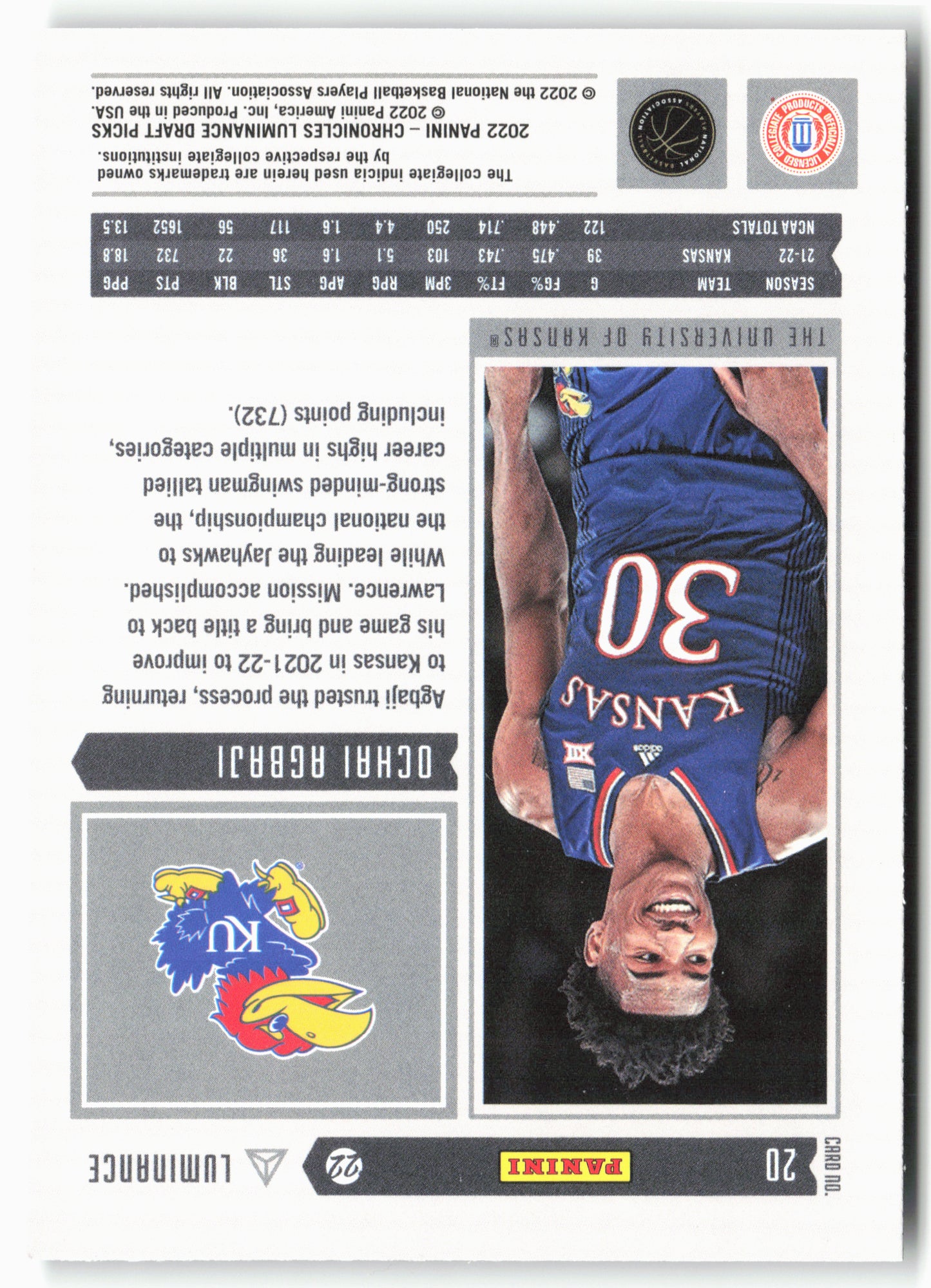 2022 Panini Chronicles Draft Picks #20 Ochai Agbaji Luminance Pink