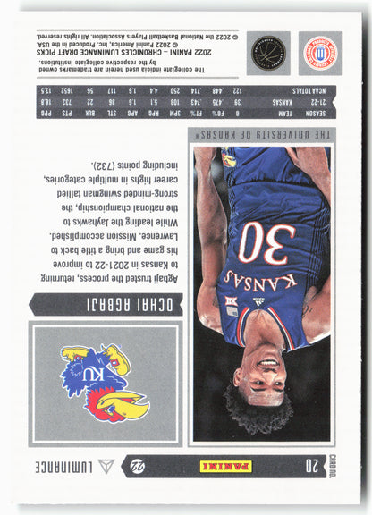 2022 Panini Chronicles Draft Picks #20 Ochai Agbaji Luminance Pink