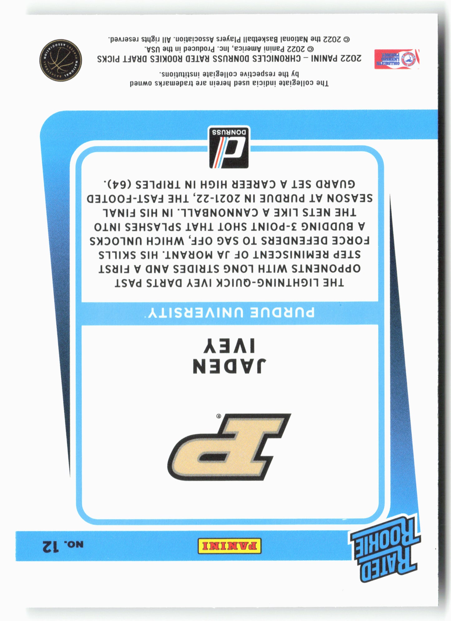 2022 Panini Chronicles Draft Picks #12 Jaden Ivey Donruss Rated Rookies