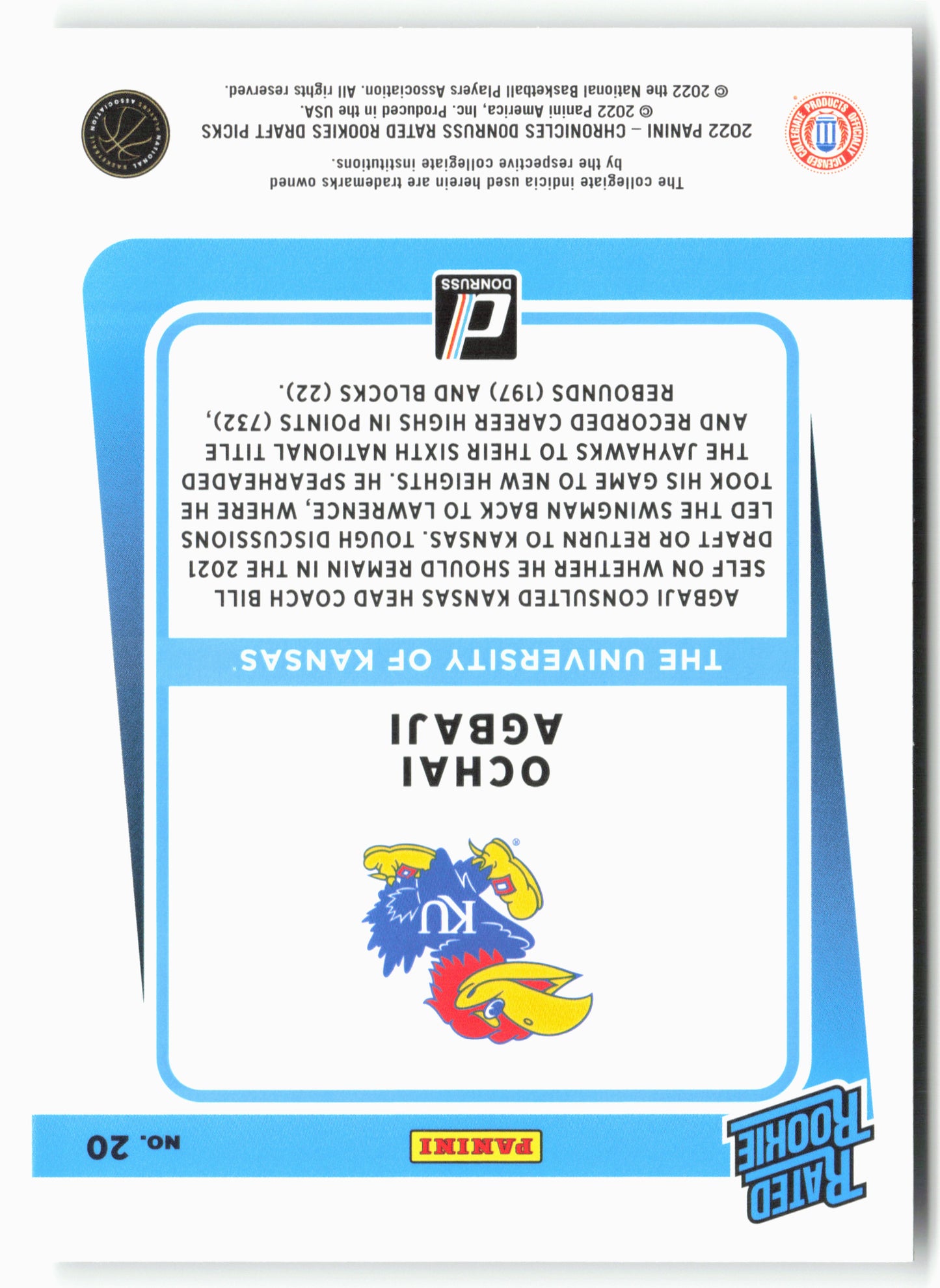 2022 Panini Chronicles Draft Picks #20 Ochai Agbaji Donruss Rated Rookies