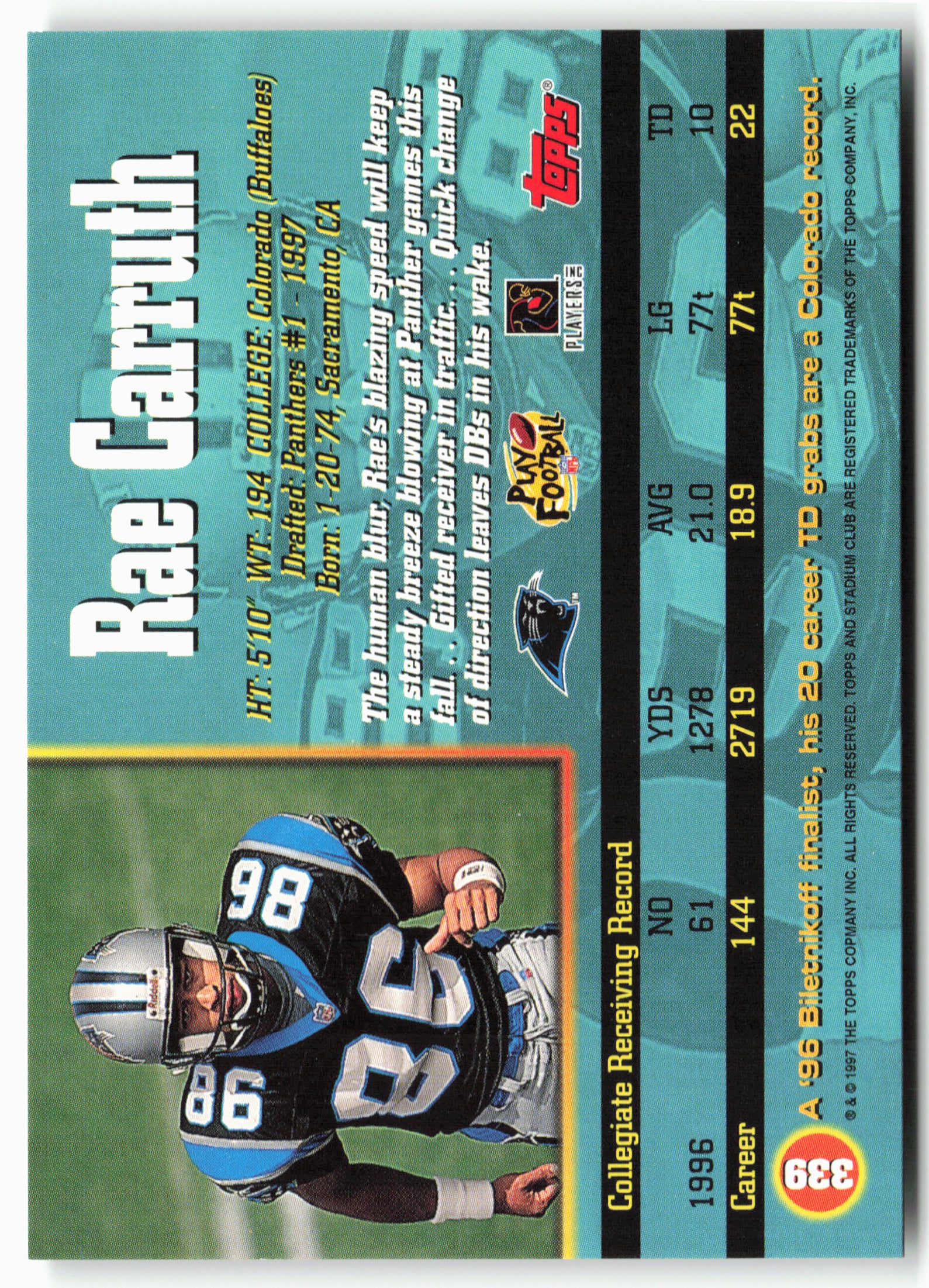 1997 Stadium Club #339 Rae Carruth