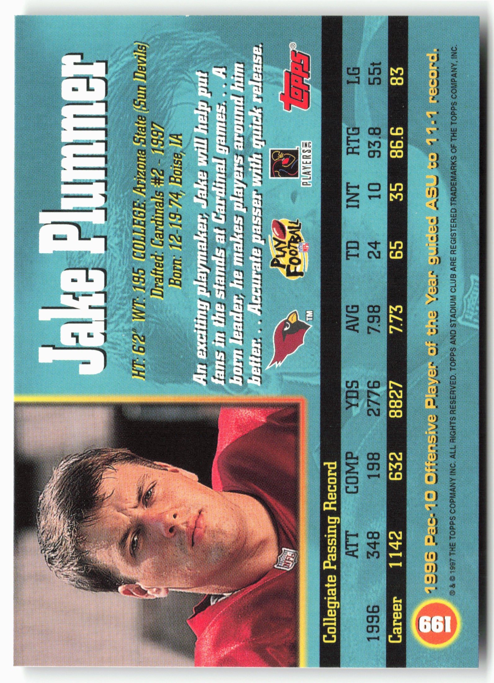 1997 Stadium Club #199 Jake Plummer