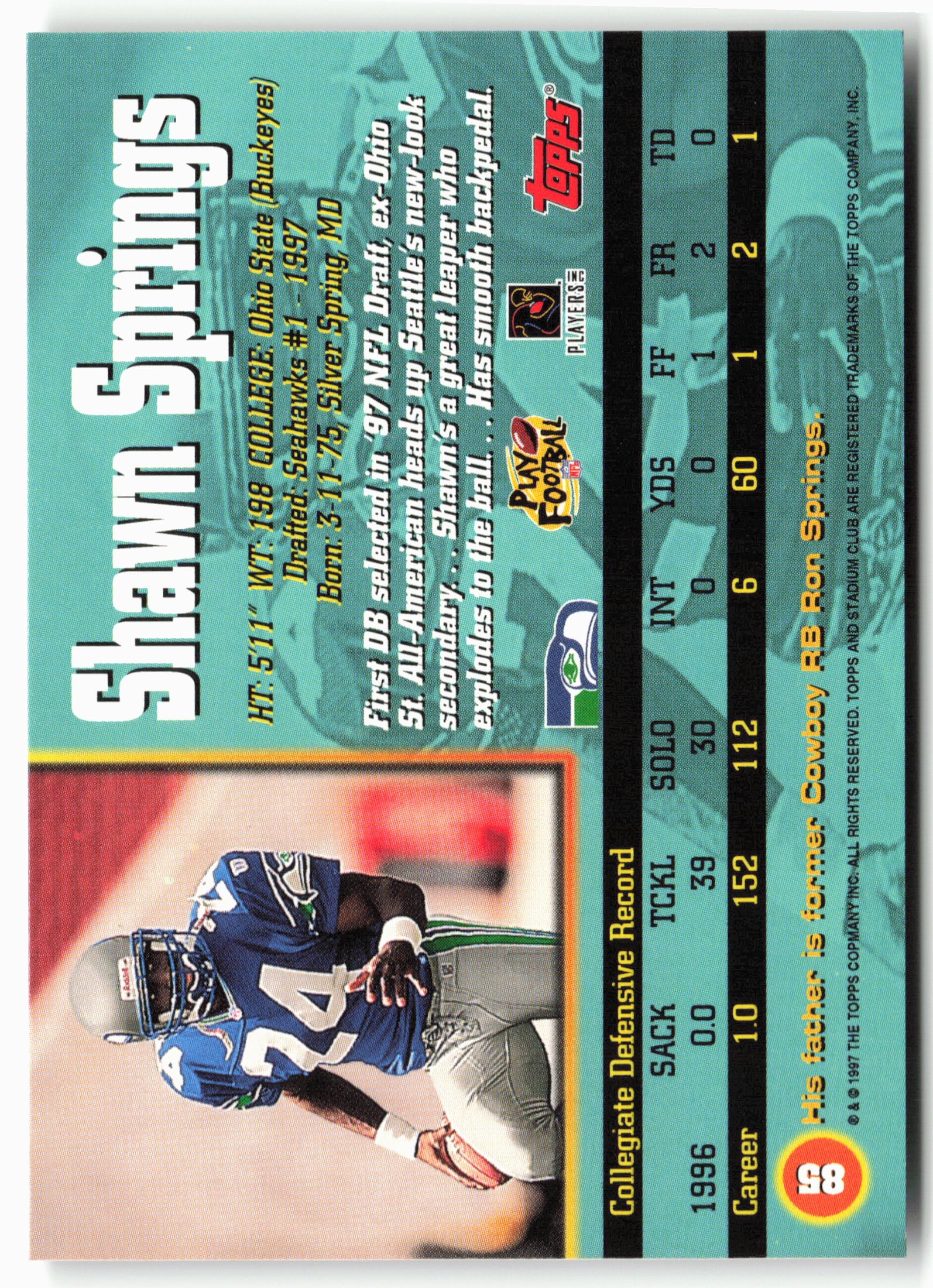1997 Stadium Club #85 Shawn Springs