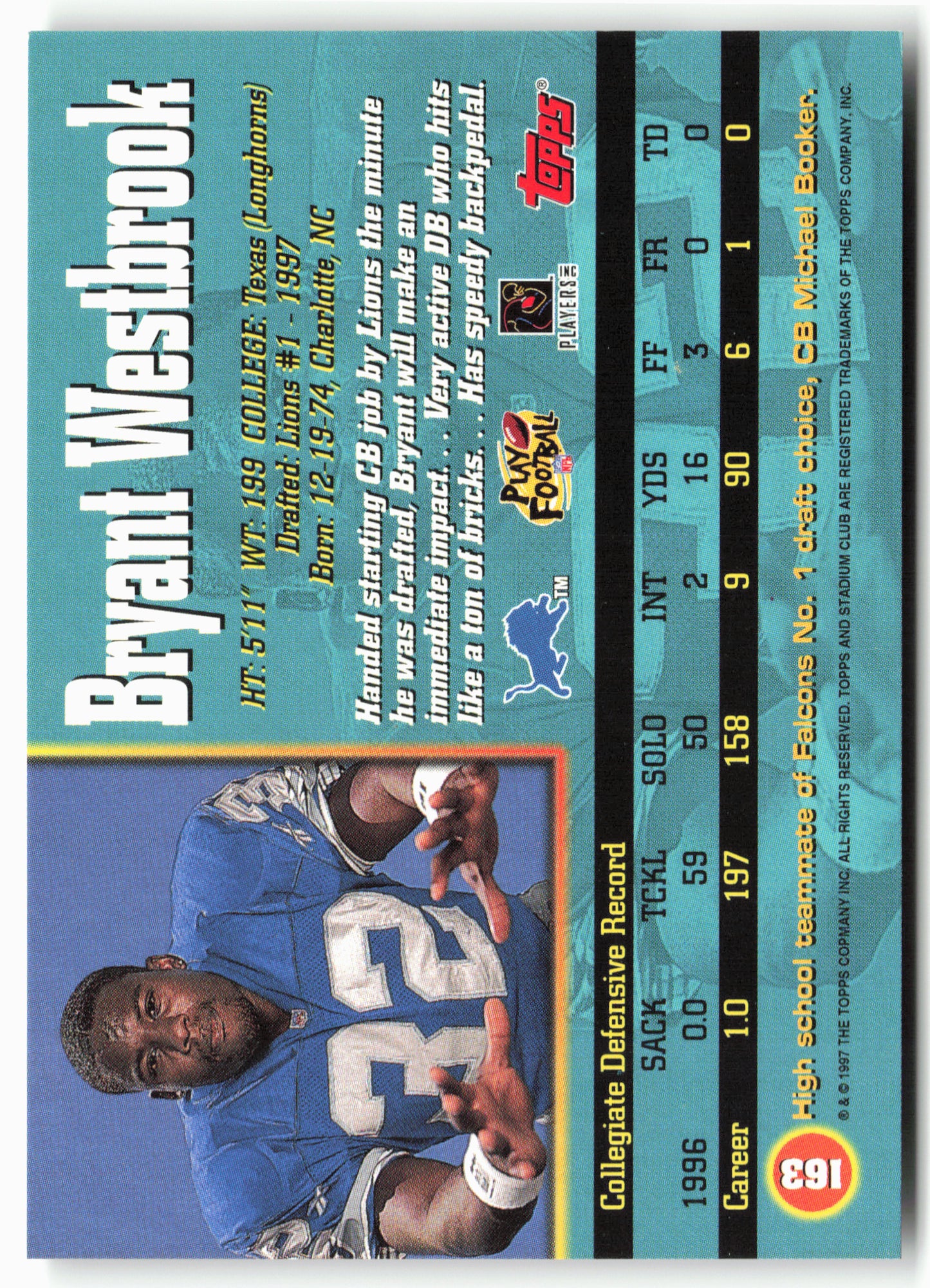 1997 Stadium Club #163 Bryant Westbrook