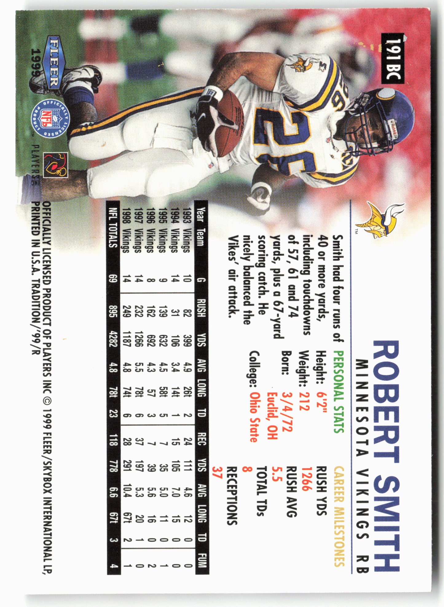 1999 Fleer Tradition #191BC Robert Smith Blitz Collection