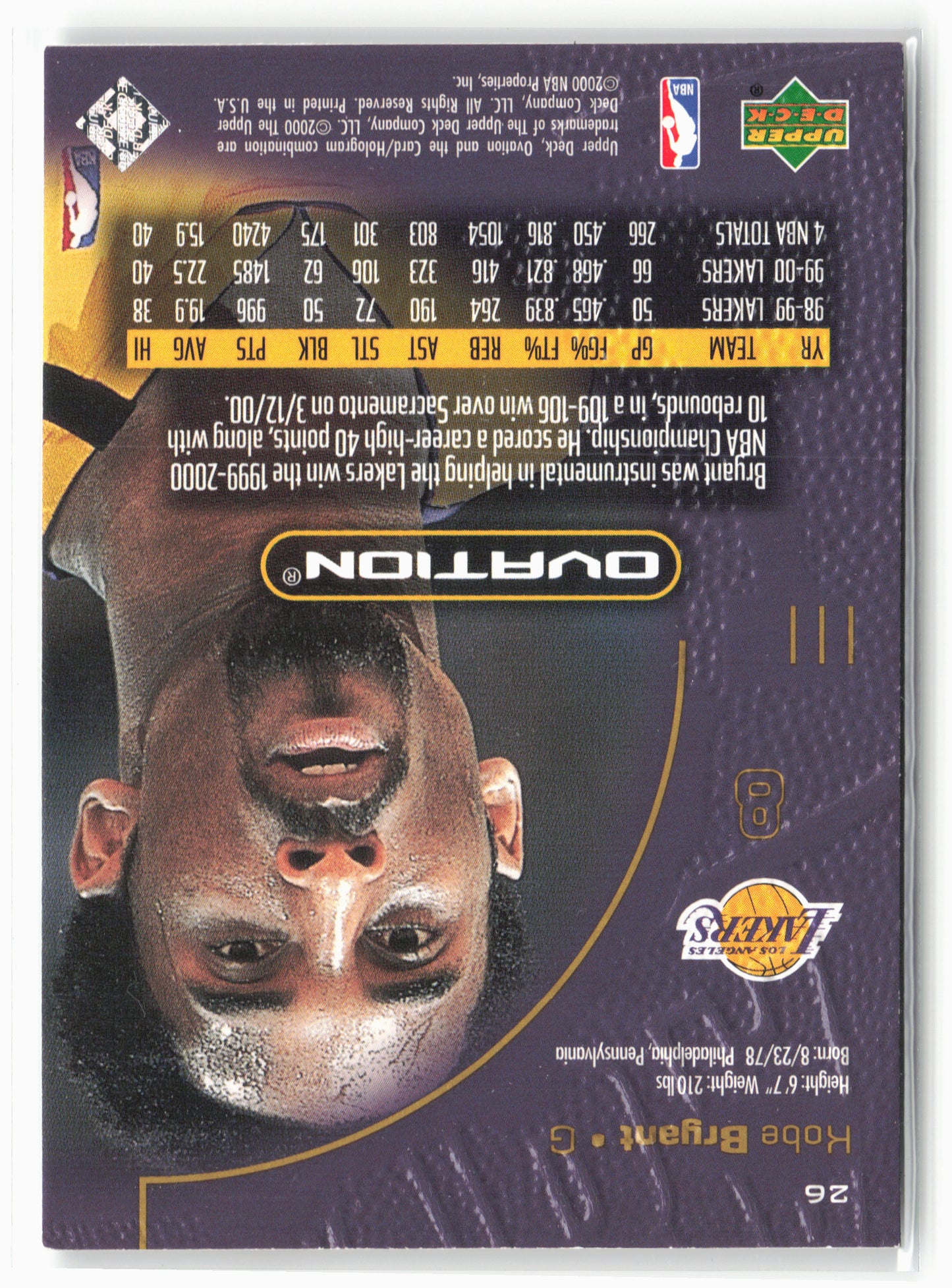 2000-01 Upper Deck Ovation #26 Kobe Bryant