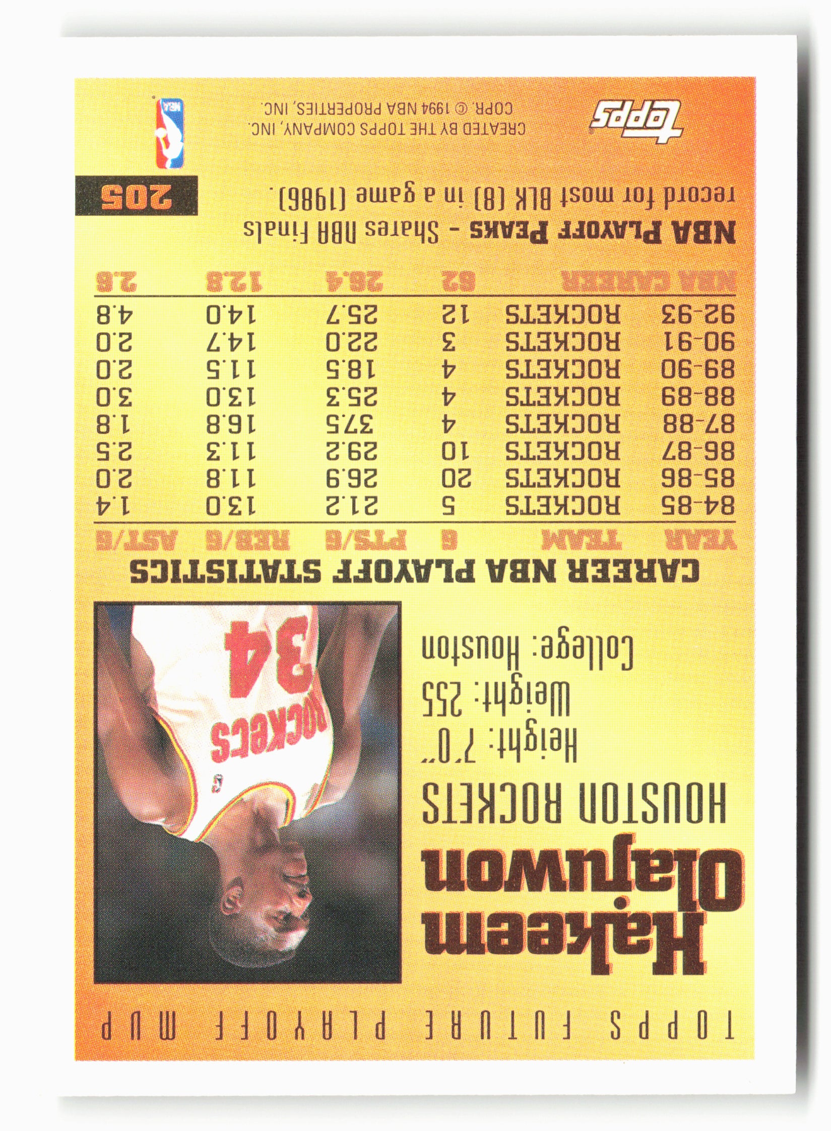 1993-94 Topps #205 Hakeem Olajuwon