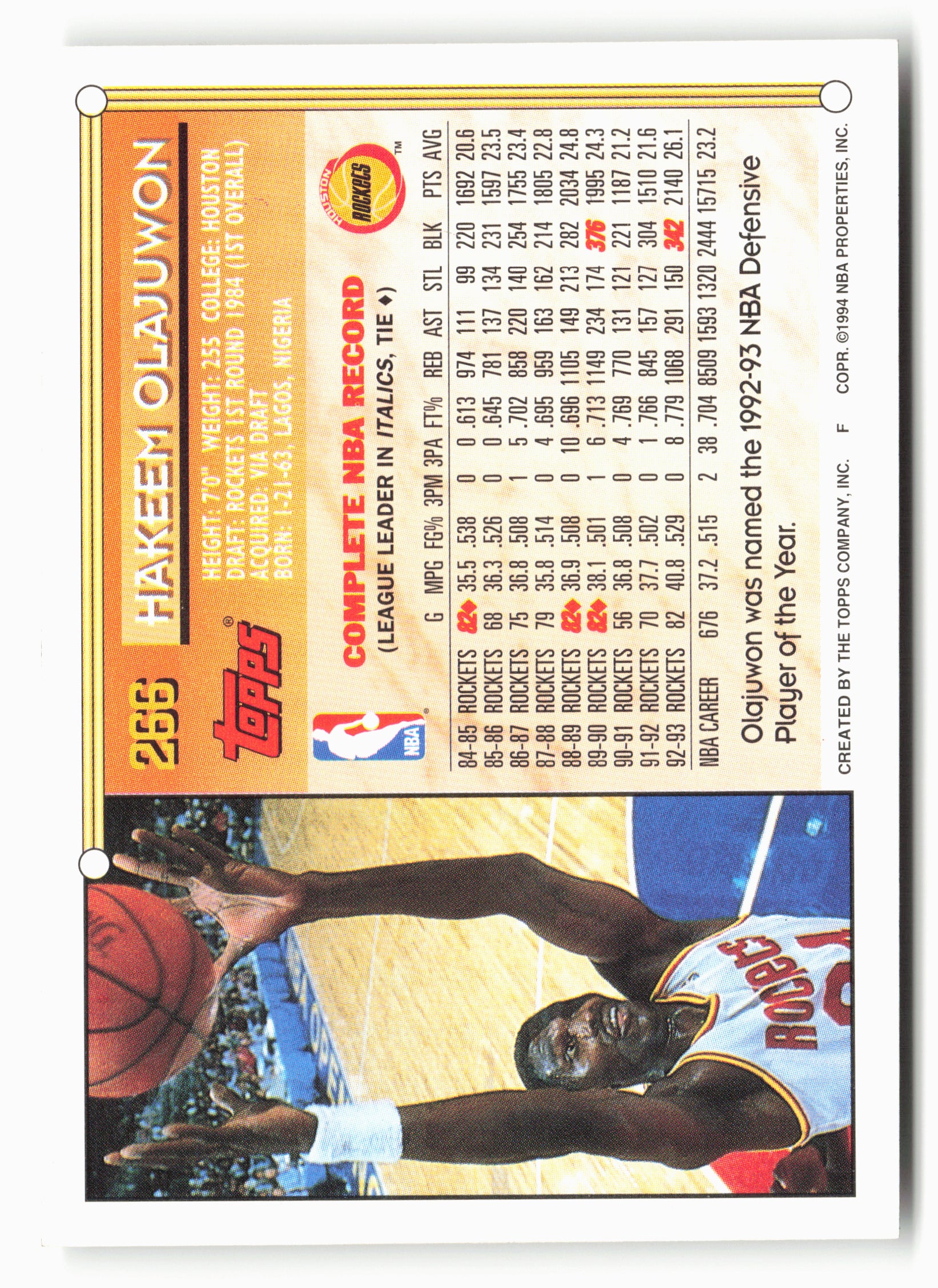 1993-94 Topps #266 Hakeem Olajuwon Gold