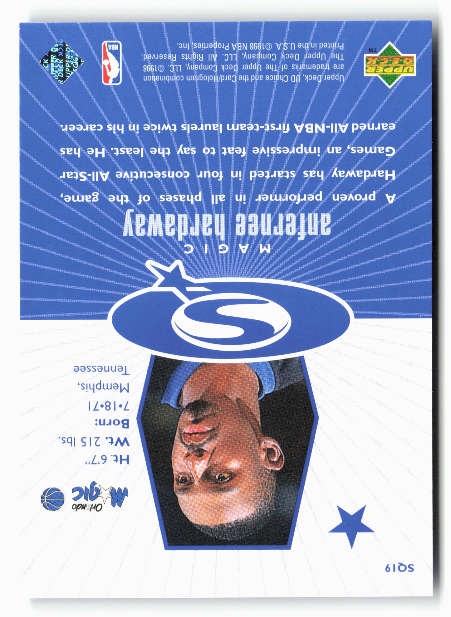 1998-99 UD Choice #SQ19 Anfernee Hardaway StarQuest Blue