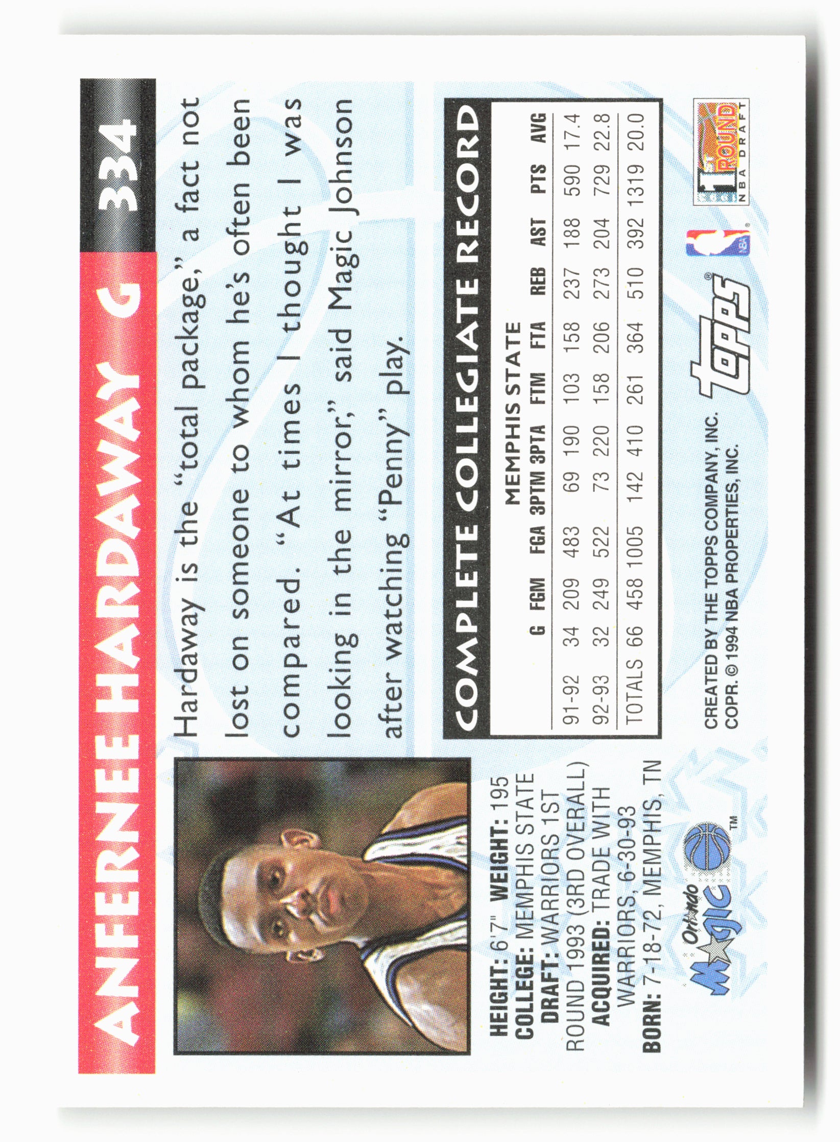 1993-94 Topps #334 Anfernee Hardaway