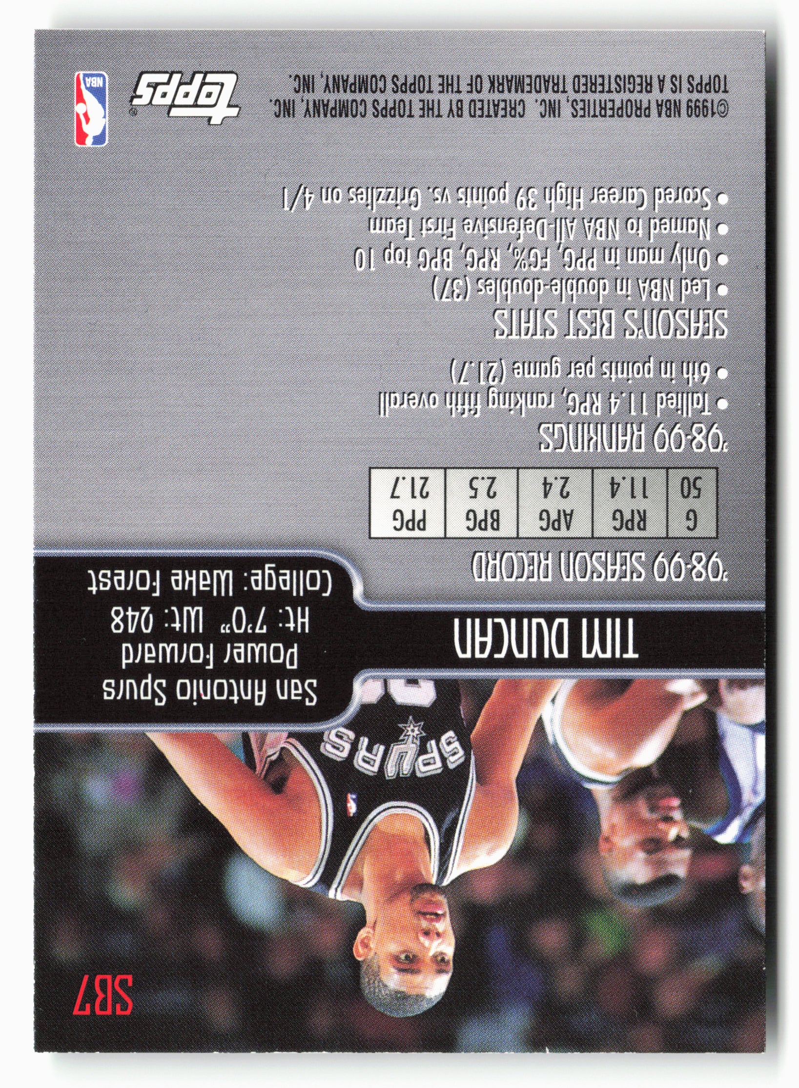 1999-00 Topps #SB7 Tim Duncan Season's Best