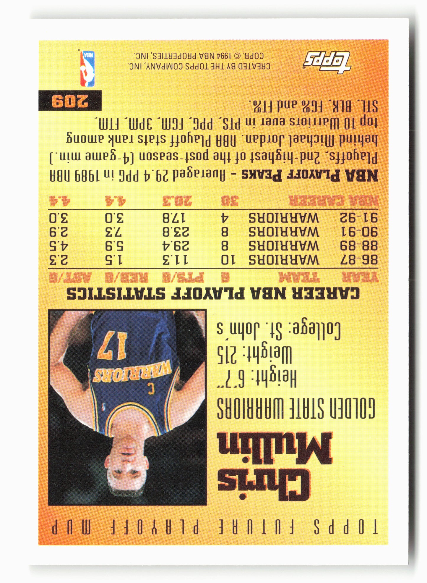 1993-94 Topps #209 Chris Mullin NM 1