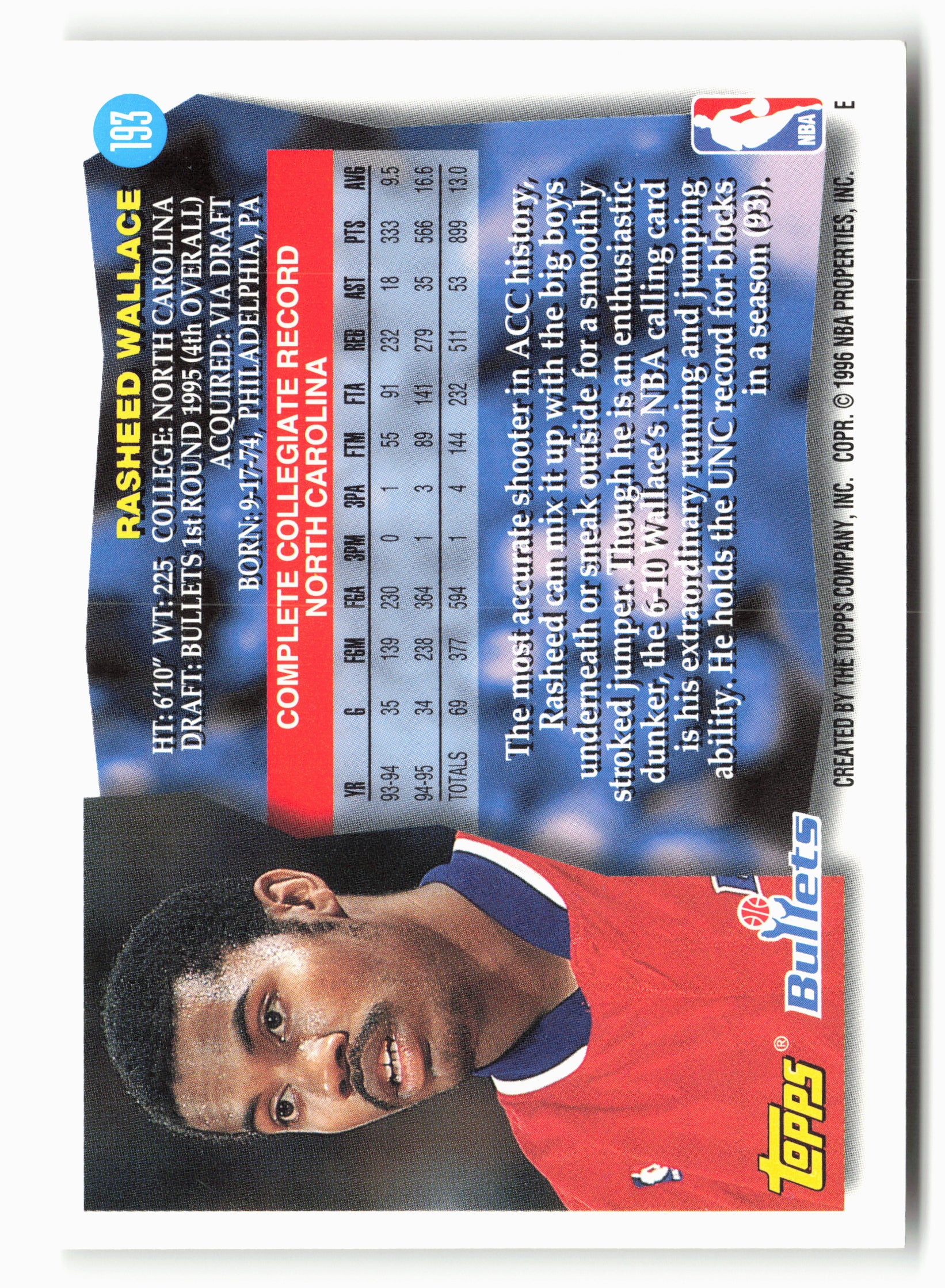 1995-96 Topps #193 Rasheed Wallace