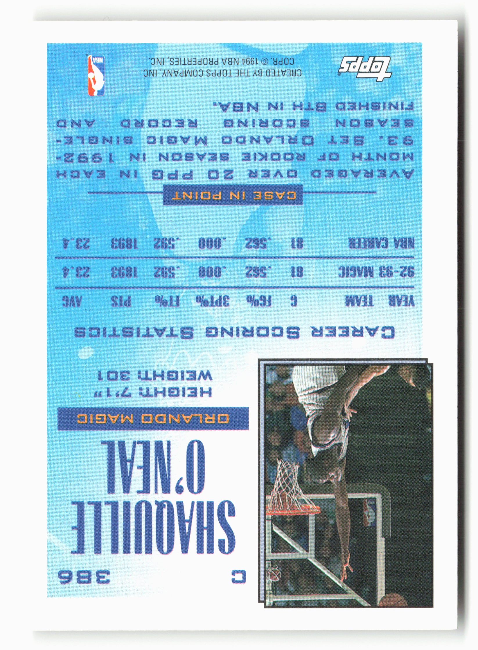 1993-94 Topps #386 Shaquille O'Neal NM