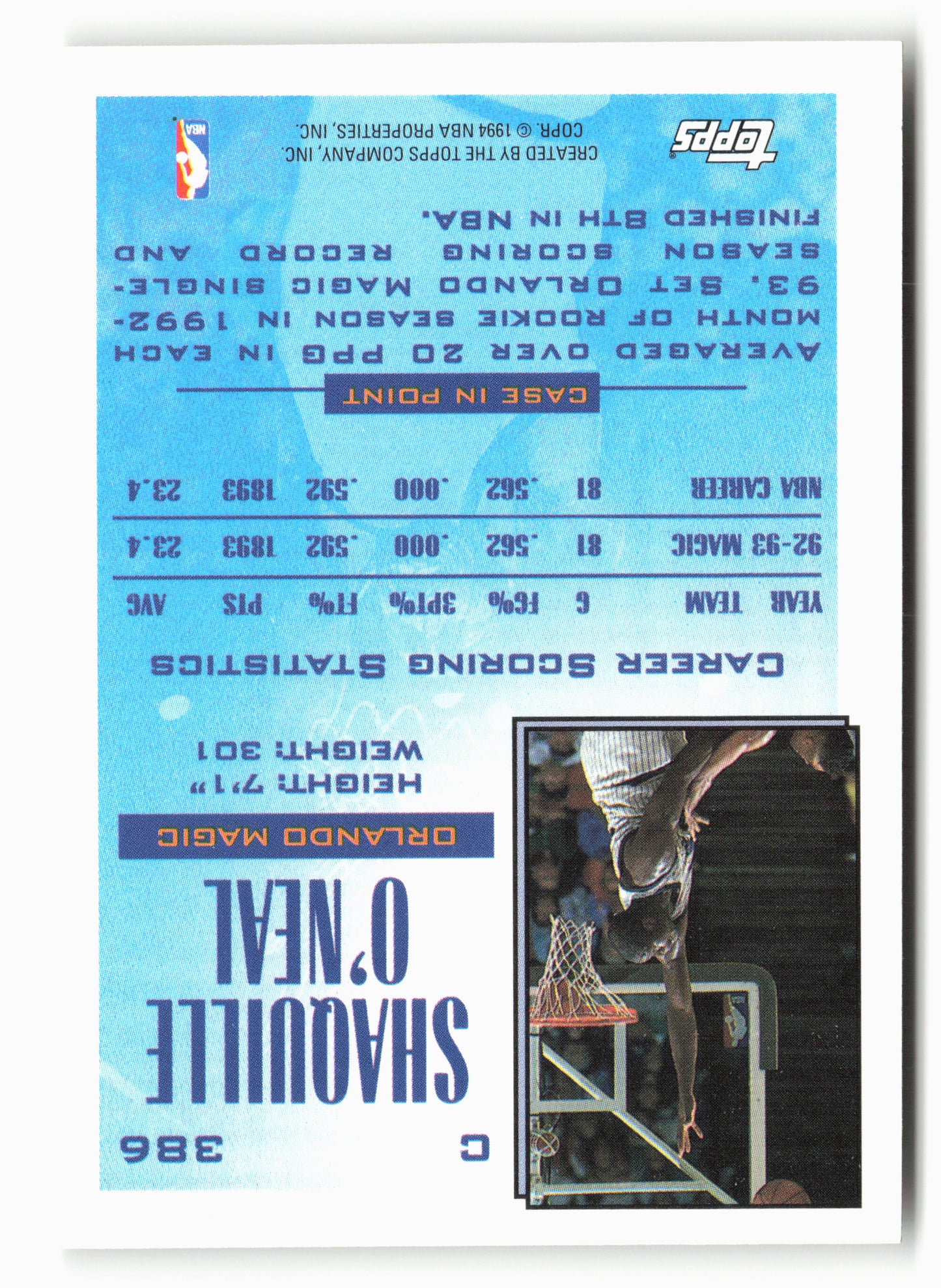 1993-94 Topps #386 Shaquille O'Neal NM 2