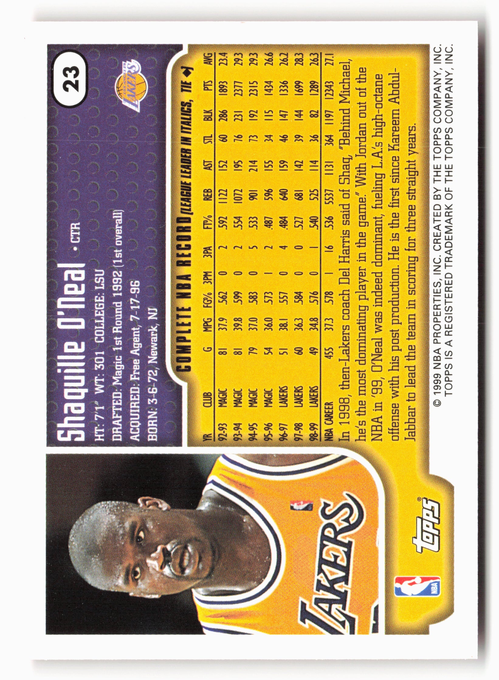 1999-00 Topps #23 Shaquille O'Neal