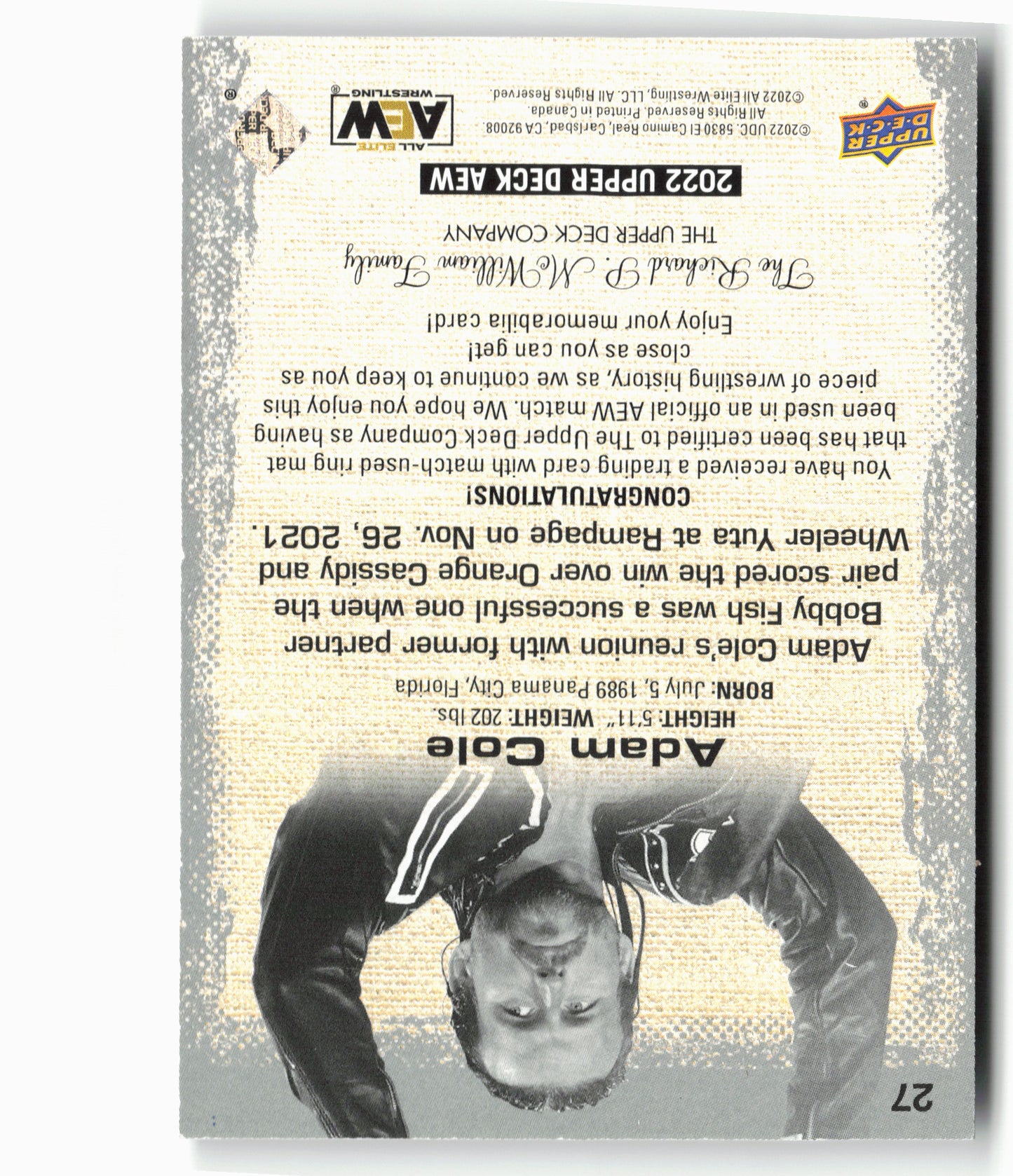 2022 Upper Deck AEW #27 Adam Cole Mat Relics