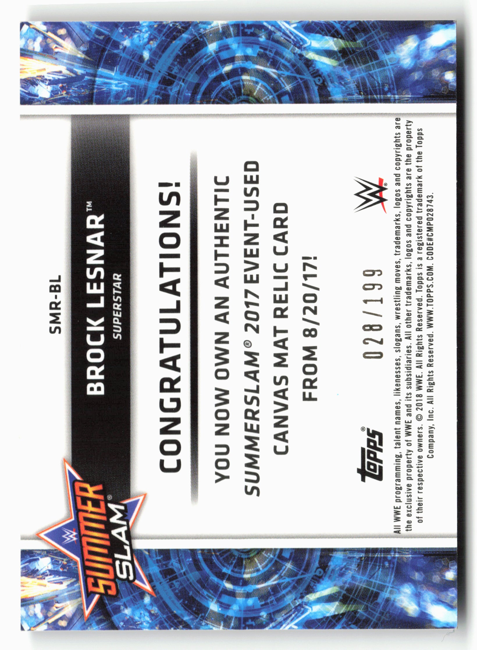 2018 Topps WWE #SMR-BL Brock Lesnar SummerSlam 2017 Mat Relics Bronze