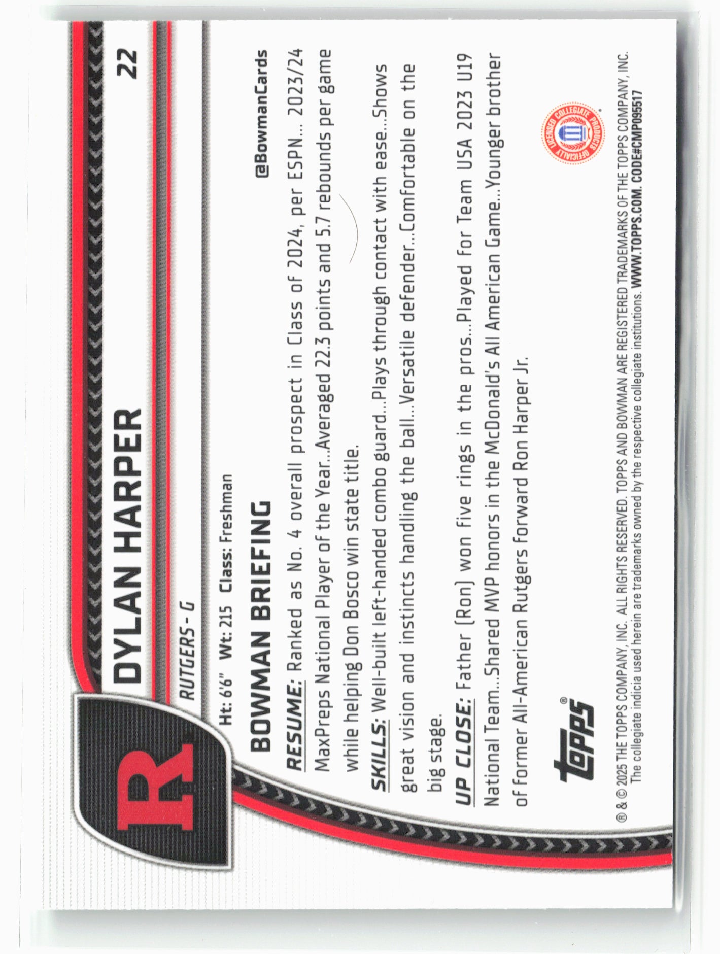 2024-25 Bowman University Chrome #22 Dylan Harper Green Shimmer Refractor