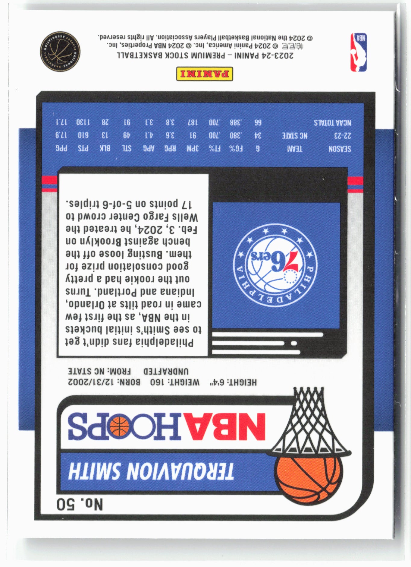 2023-24 Panini Premium Stock #50 Terquavion Smith NM