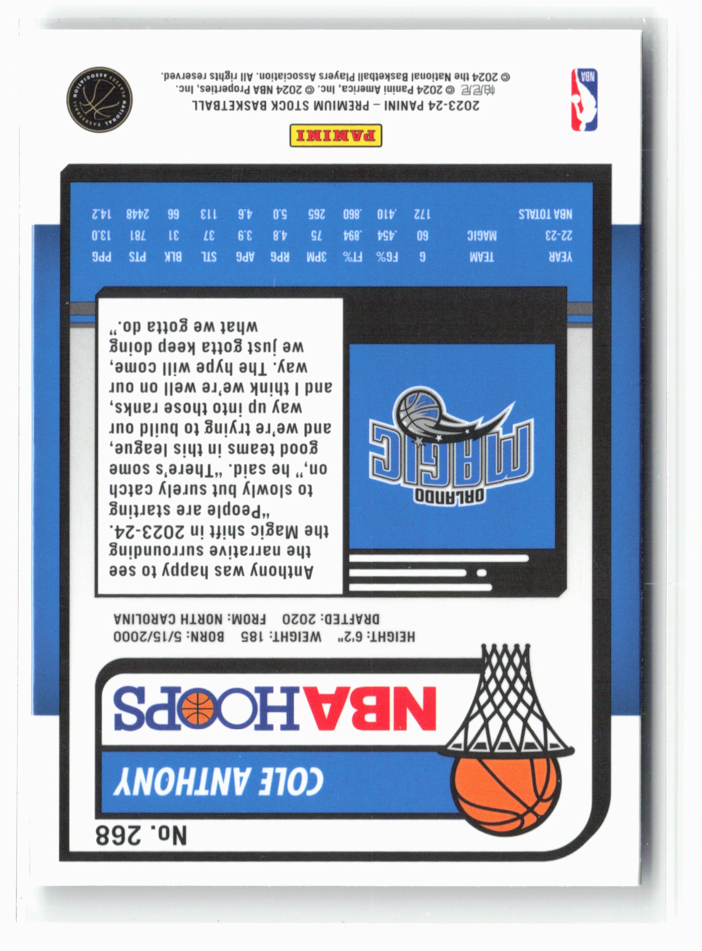 2023-24 Panini Premium Stock #268 Cole Anthony NM