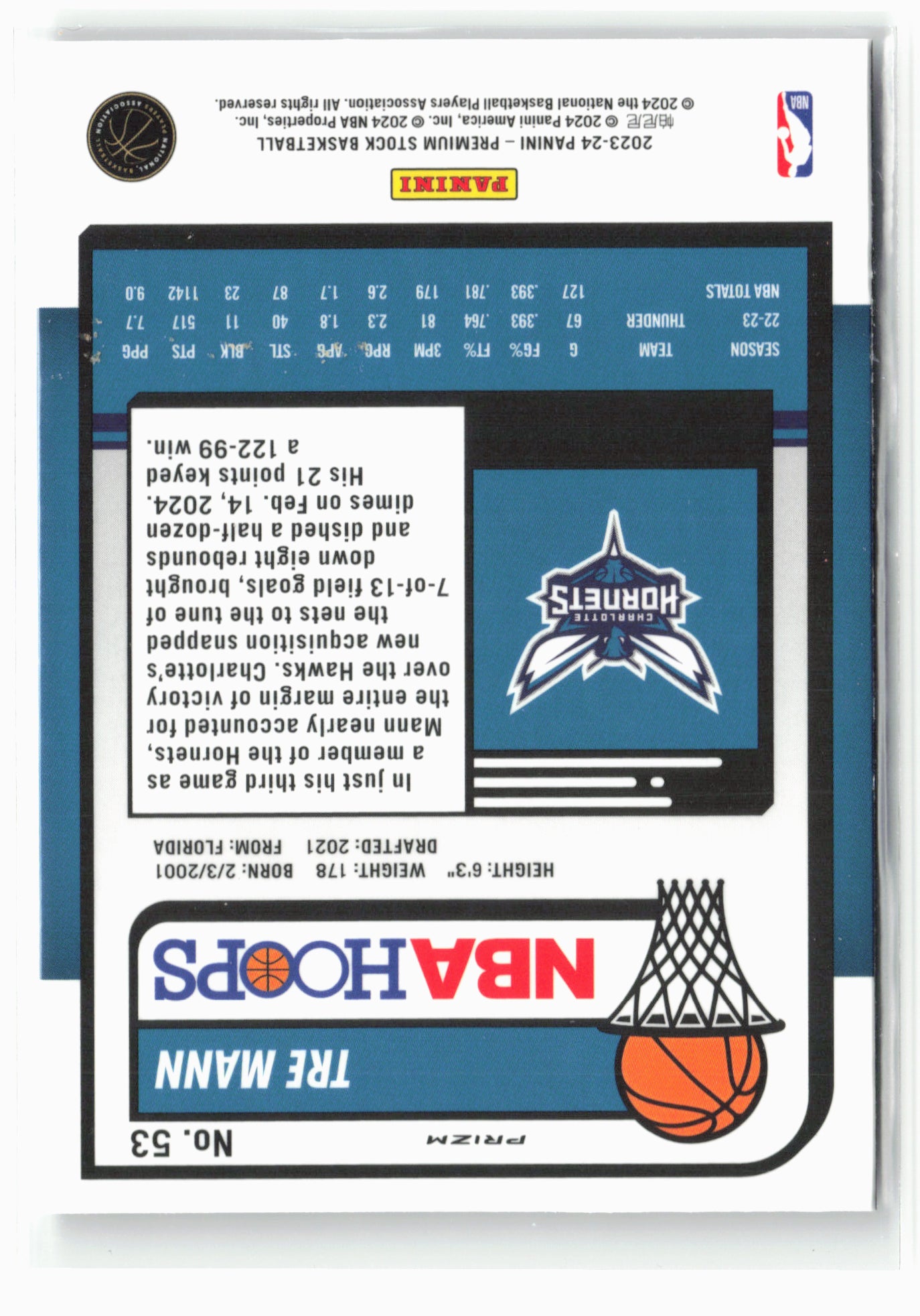 2023-24 Panini Premium Stock #53 Tre Mann Ice Prizm NM